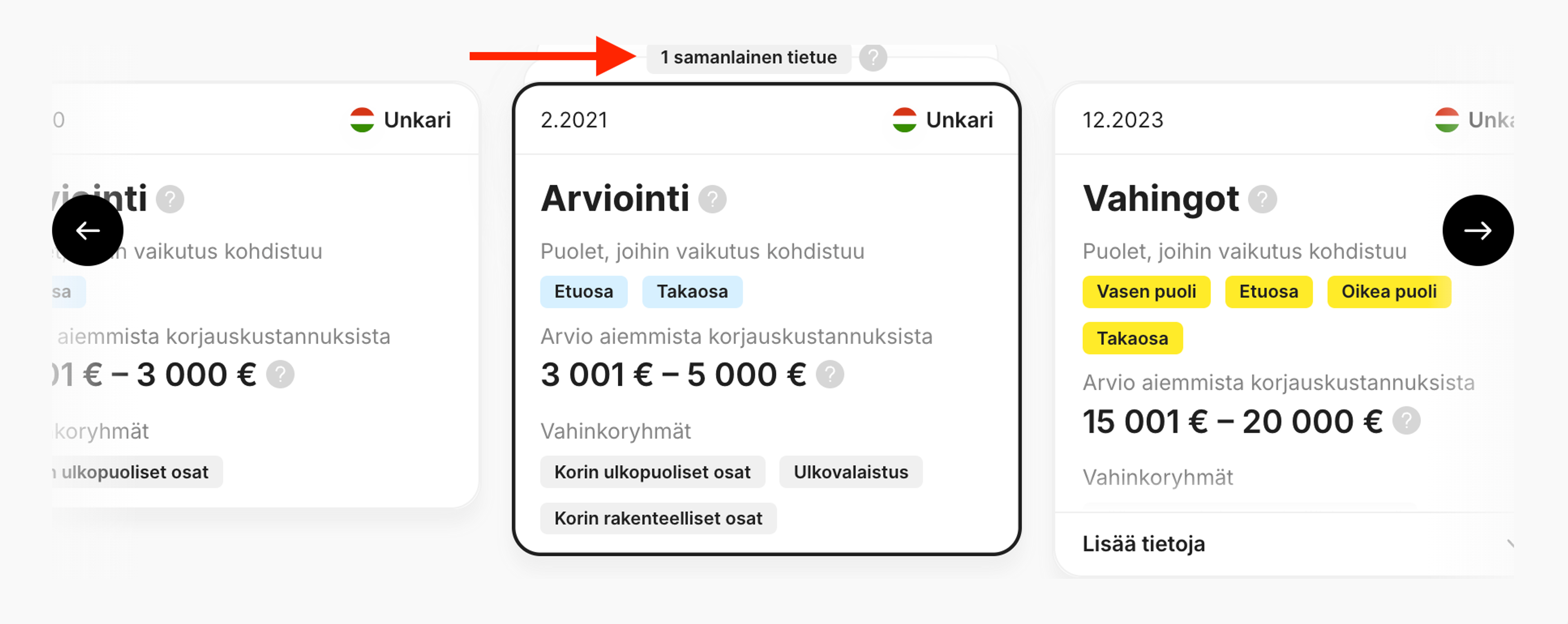 Samanlaiset tietueet Vahingot-osiossa