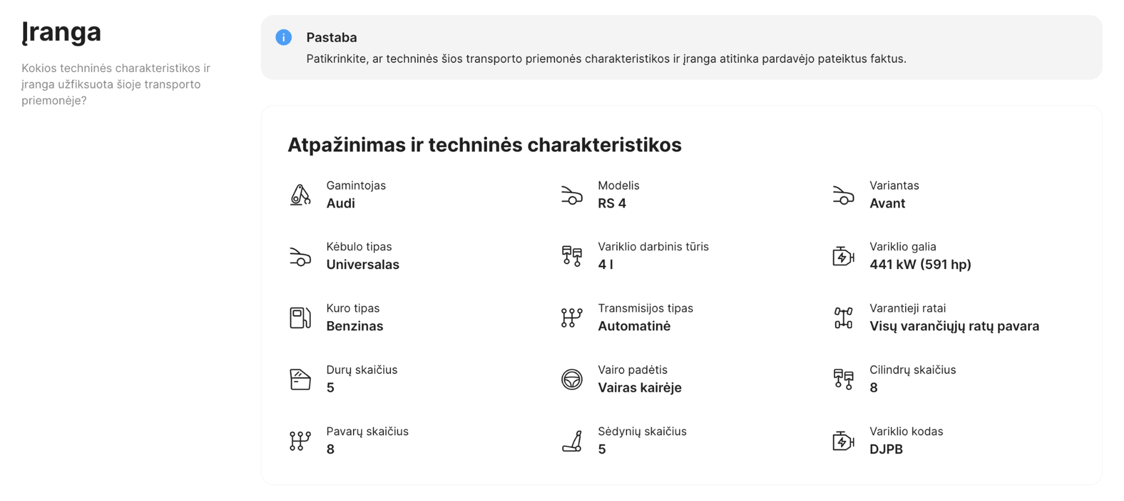Techninių duomenų ir įrangos skiltis carVertical ataskaitoje