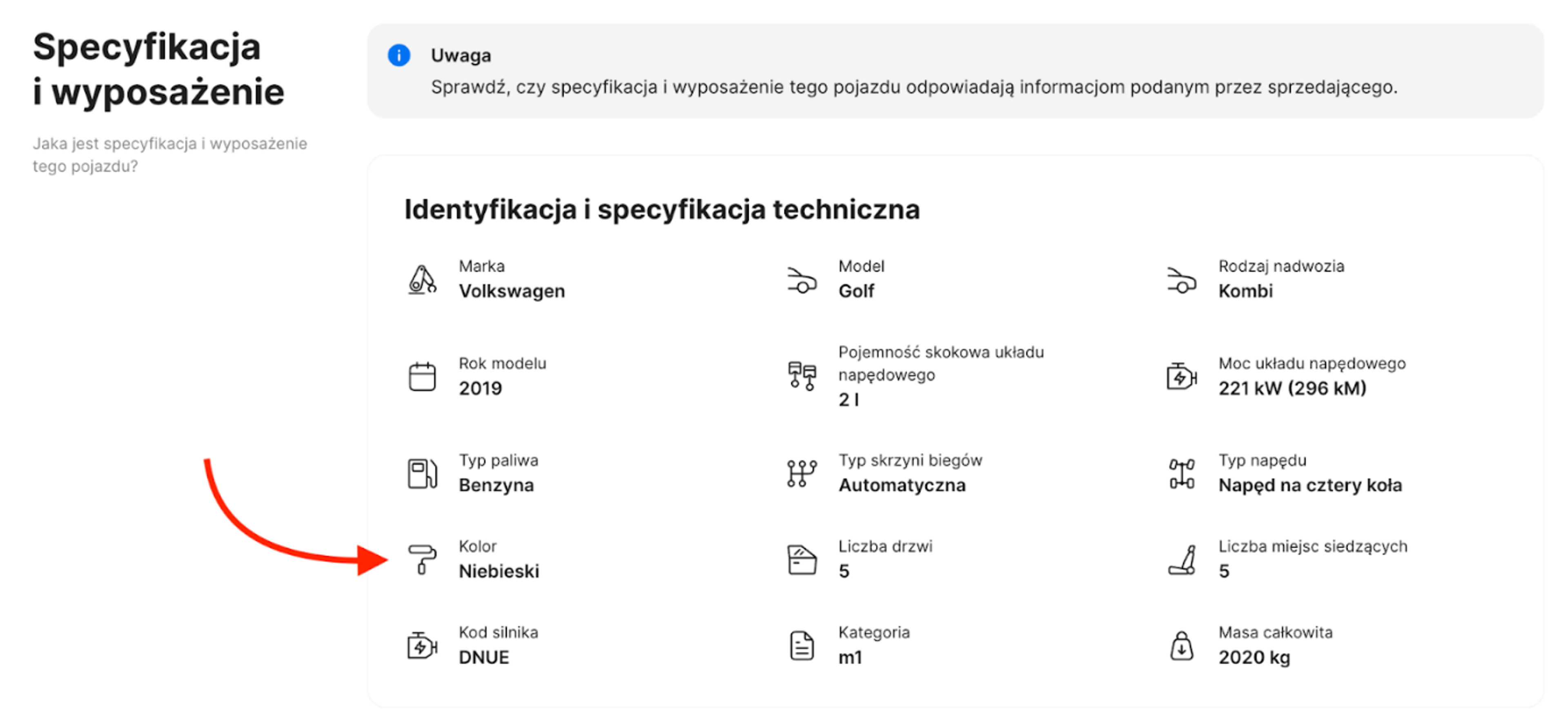 Sekcja specyfikacji i wyposażenia w raporcie carVertical