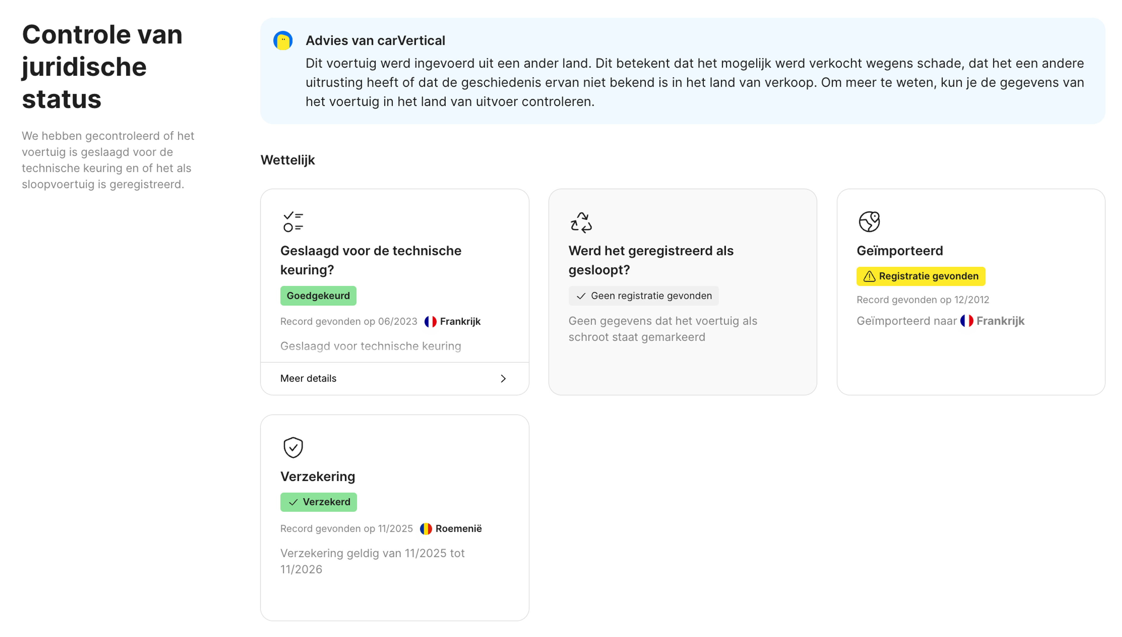 Functie voor juridische status in het carVertical-rapport