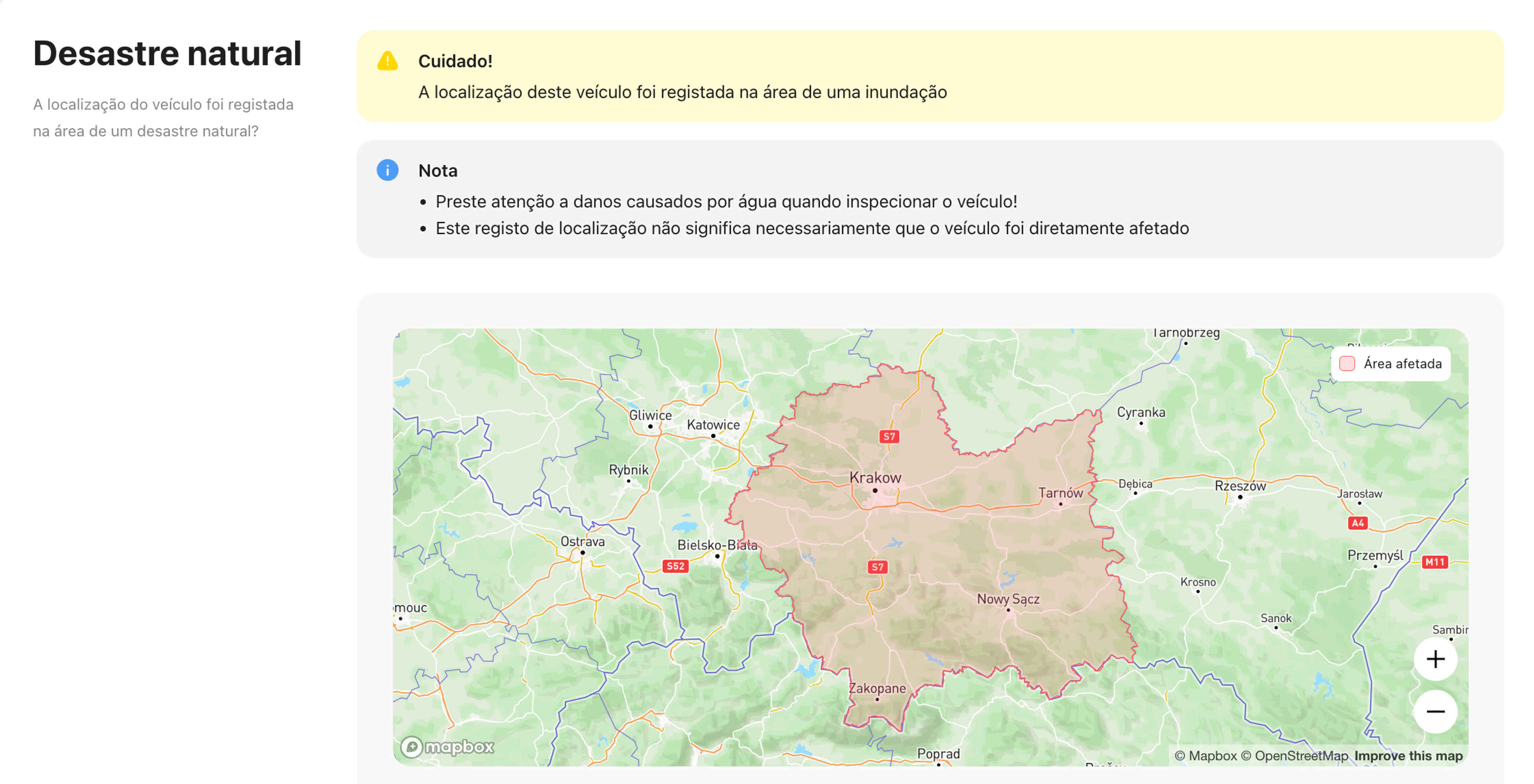 Registo de inundações encontrado no relatório de histórico de veículos carVertical