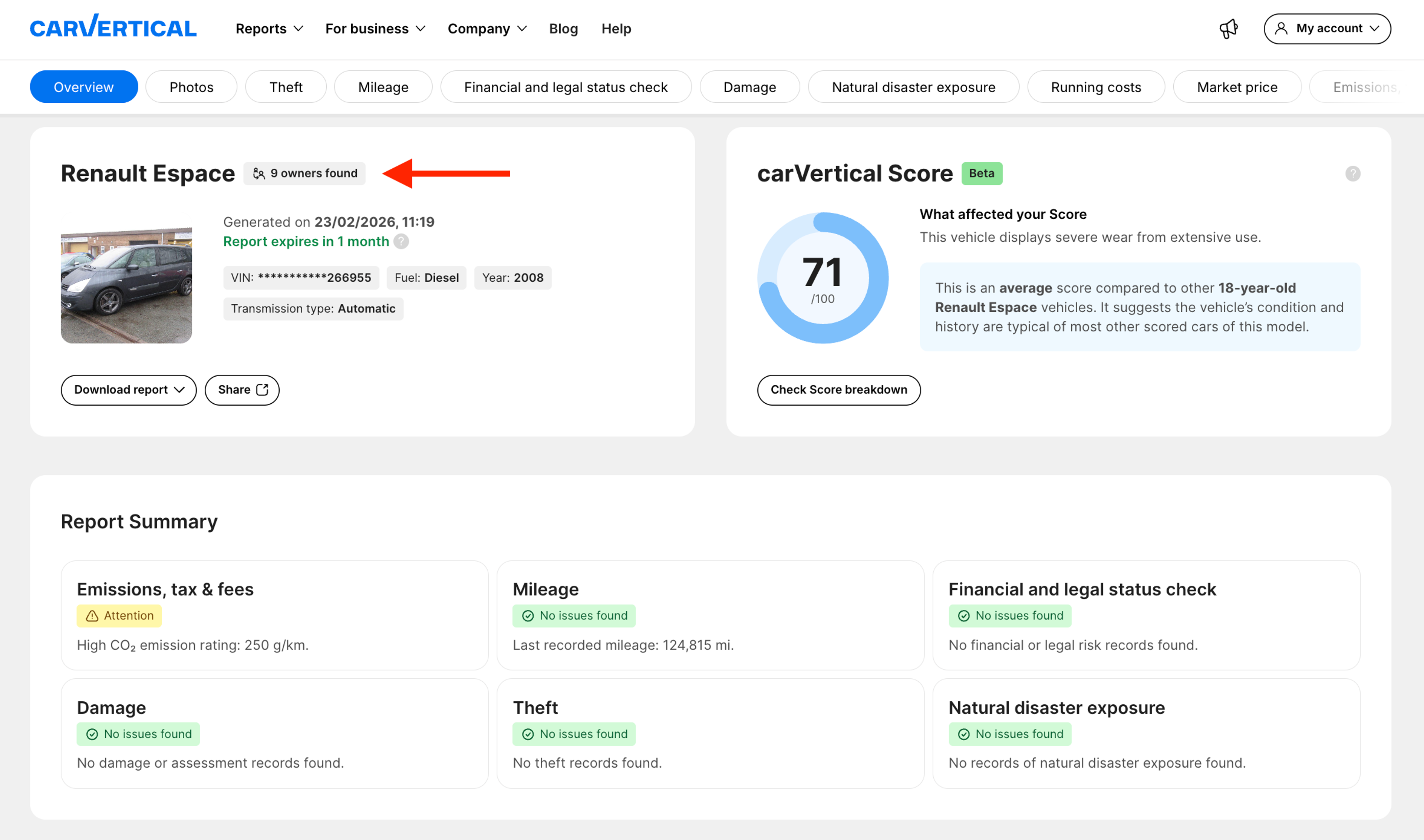 Summary section in the carVertical report