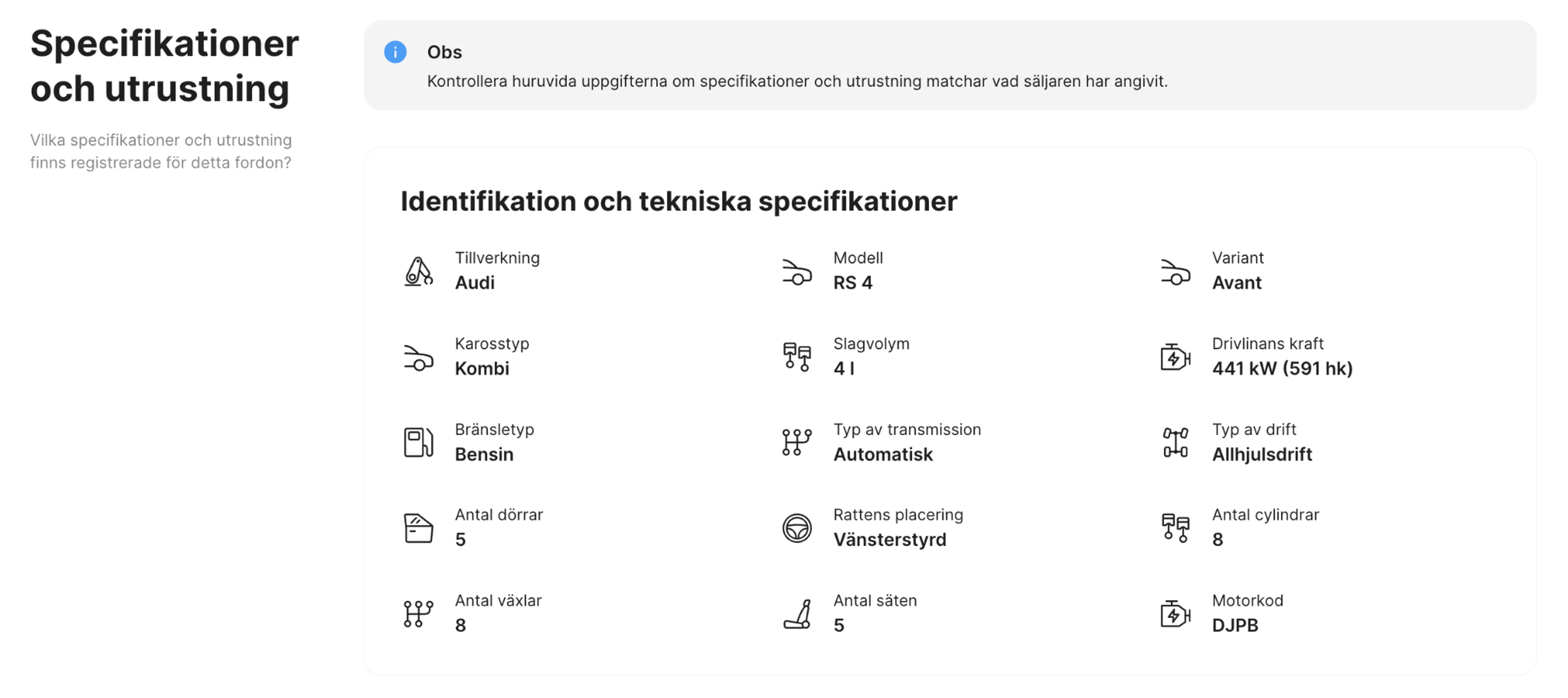 Specifikationer och utrustningsavsnitt i carVertical rapport