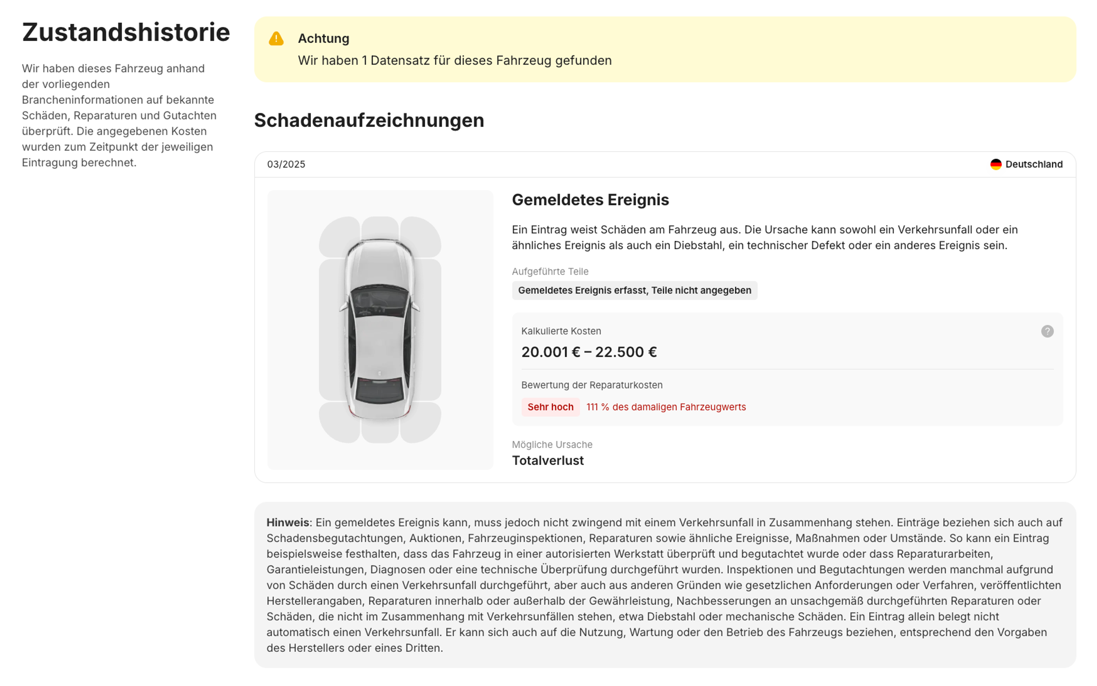 Schadensnachweis in einem Fahrzeugbericht