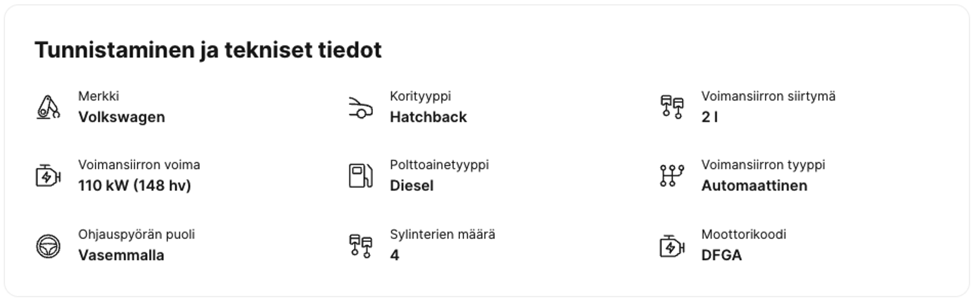 Tunnistaminen ja tekniset tiedot -osio carVerticalin ajoneuvon historiaraportissa