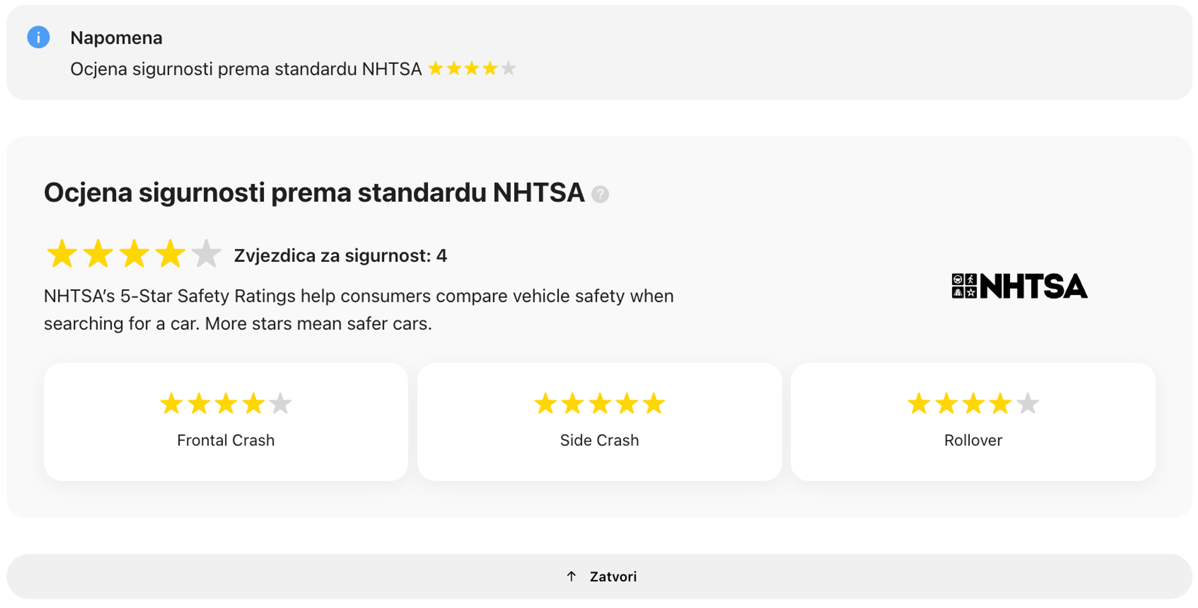 NHTSA sigurnosne ocjene u carVertical izvješću