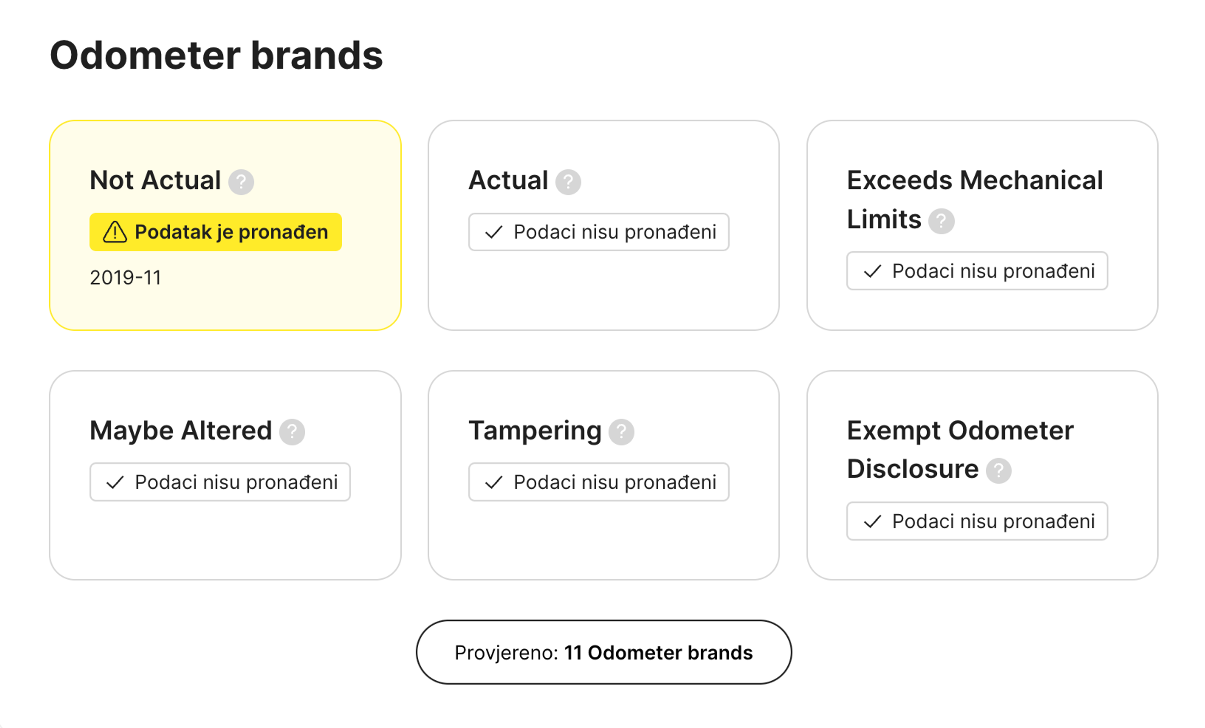marke brojača kilometara u carVertical izvješću