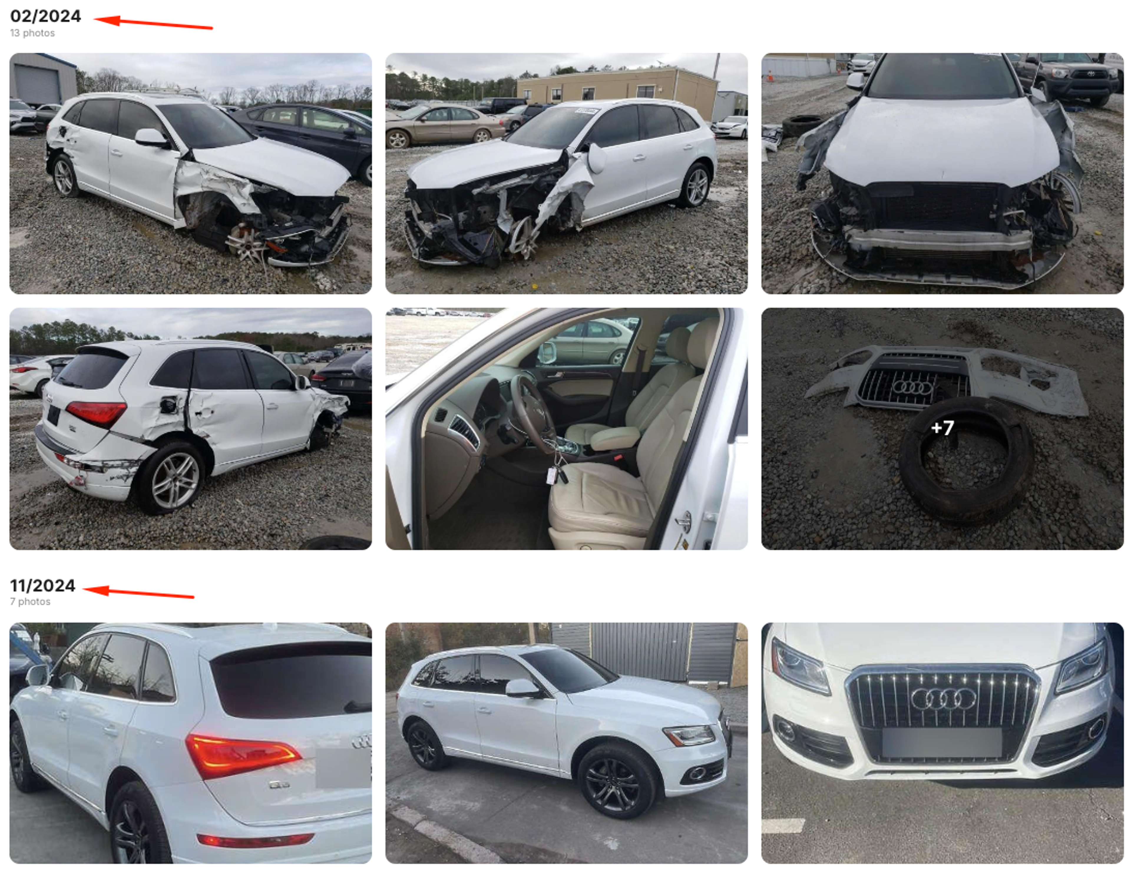 Damage photos of an Audi Q5 shown in a carVertical history report
