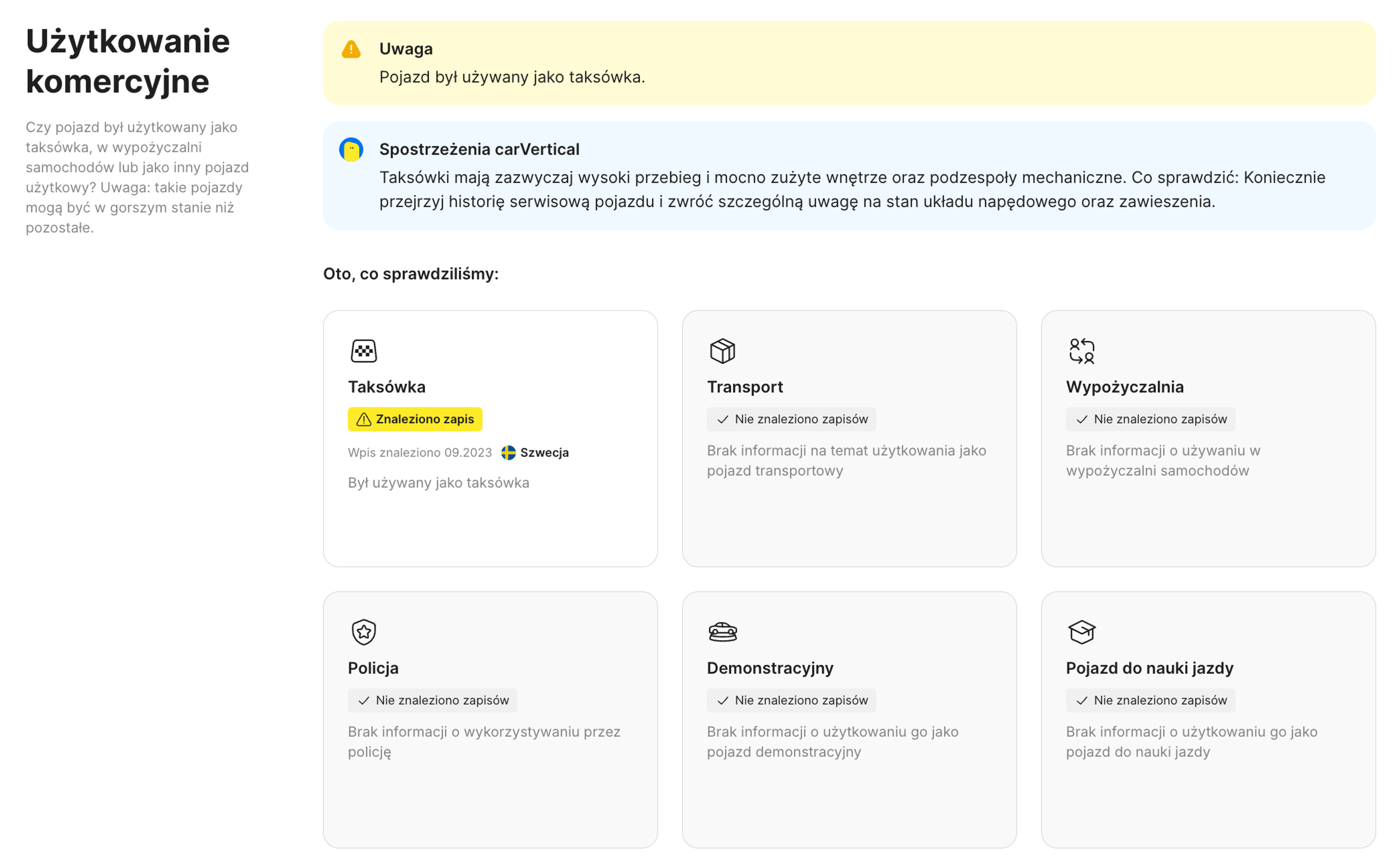 Wpis w raporcie pokazujący, że pojazd był używany jako taksówka