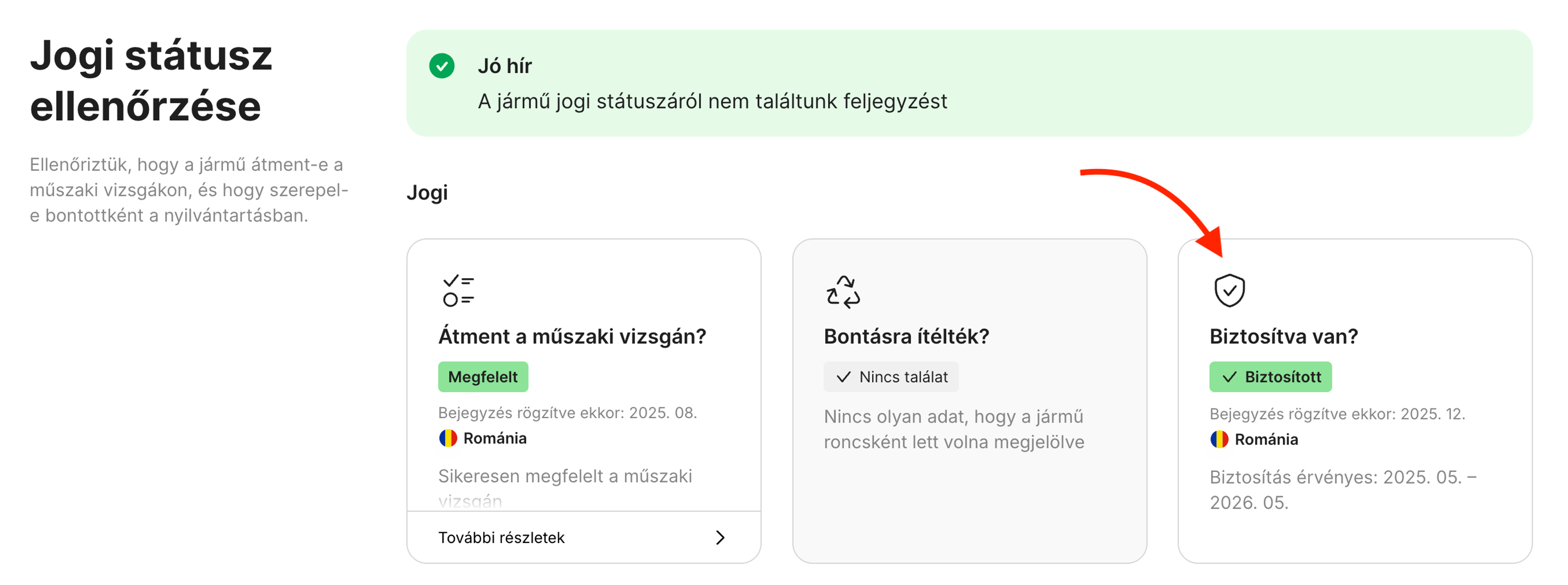 „Biztosítás” kártya a „Jogi státusz ellenőrzése” szakaszban