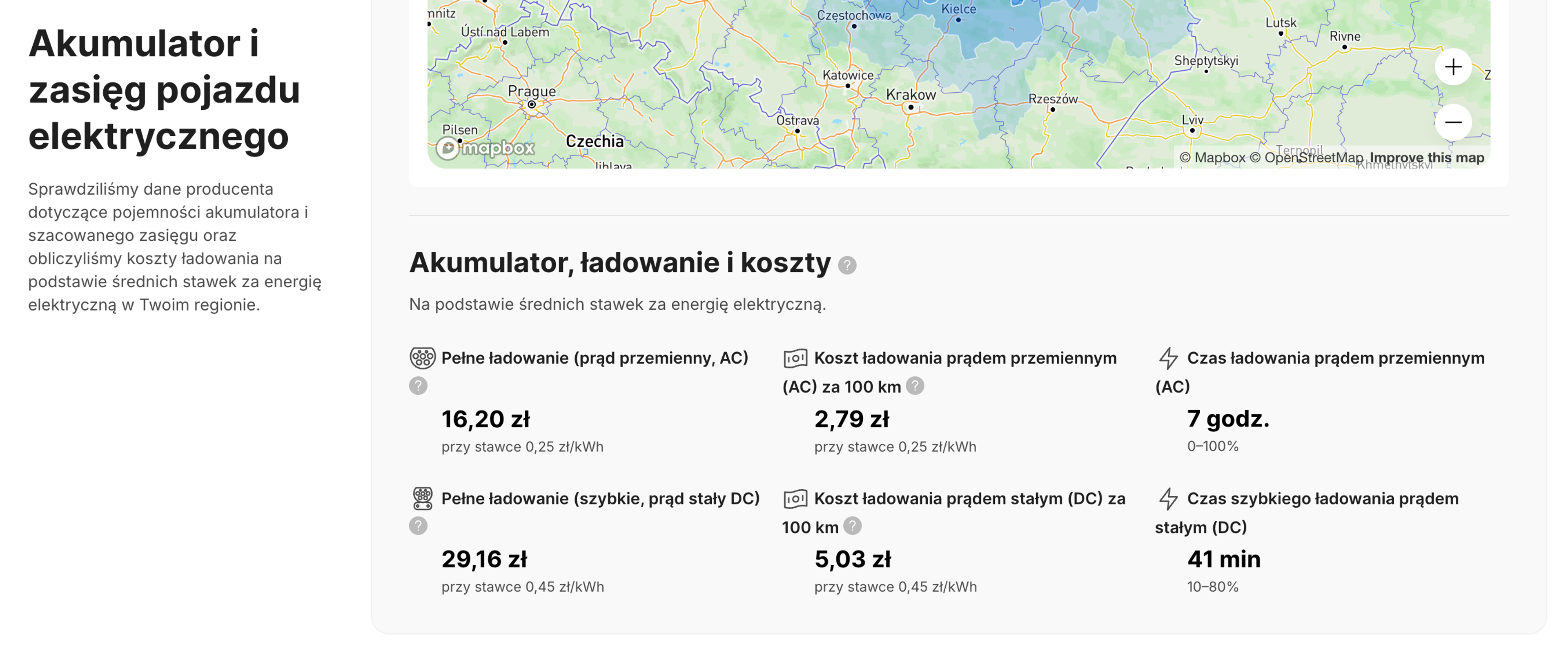 Szacunki czasu ładowania i kosztów EV w raporcie pojazdu