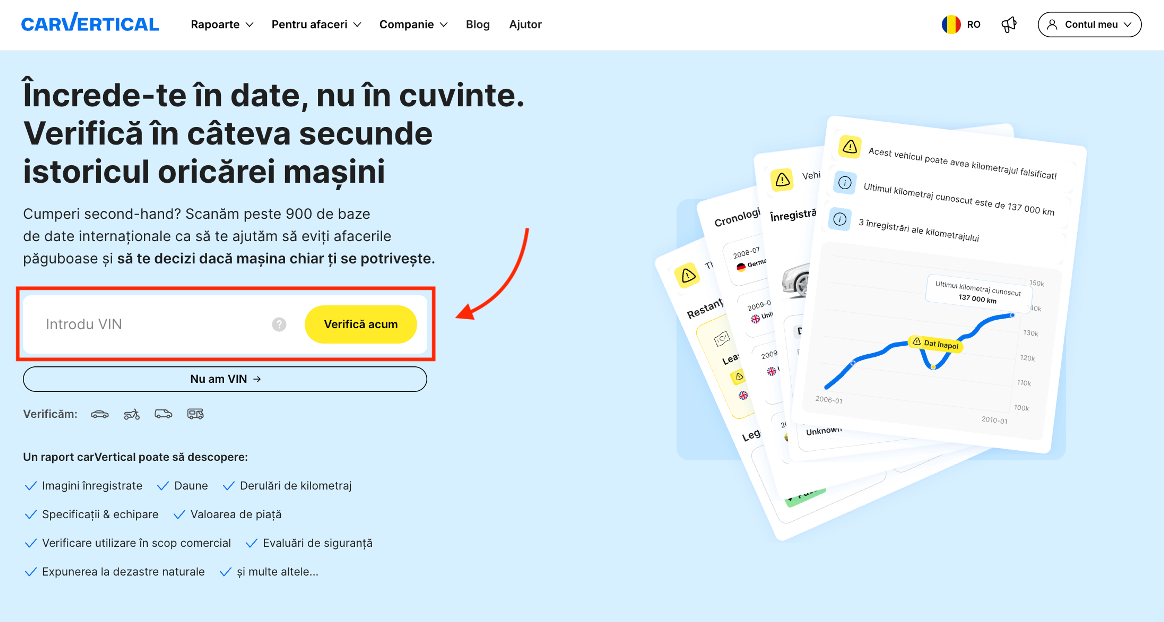 Câmpul de introducere VIN pe site-ul carVertical