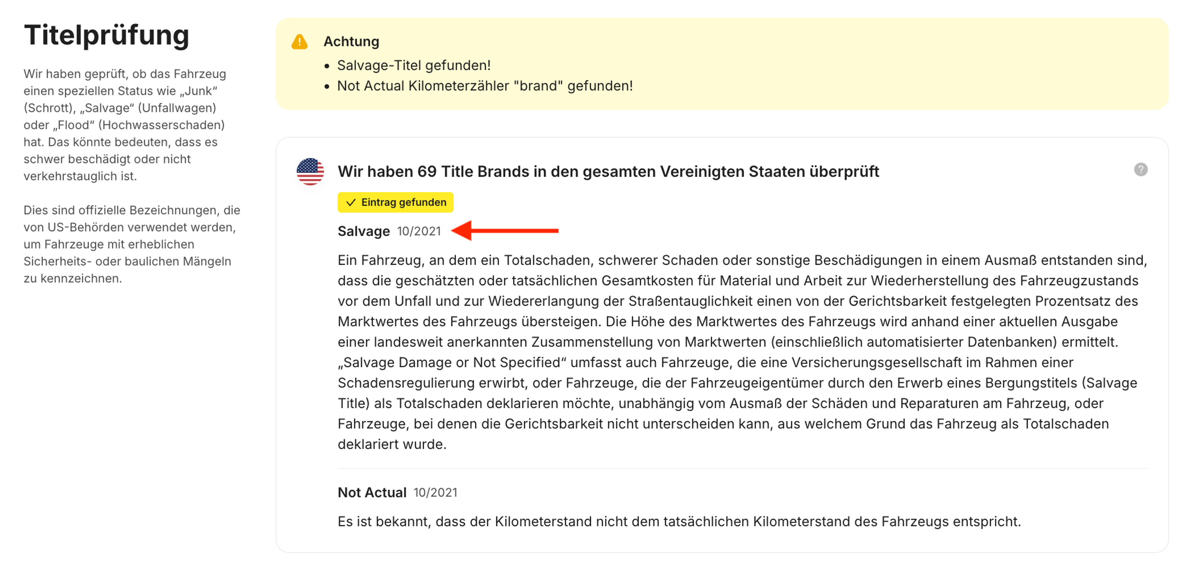 Salvage- und Not-Actual-Titel im carVertical-Bericht gefunden