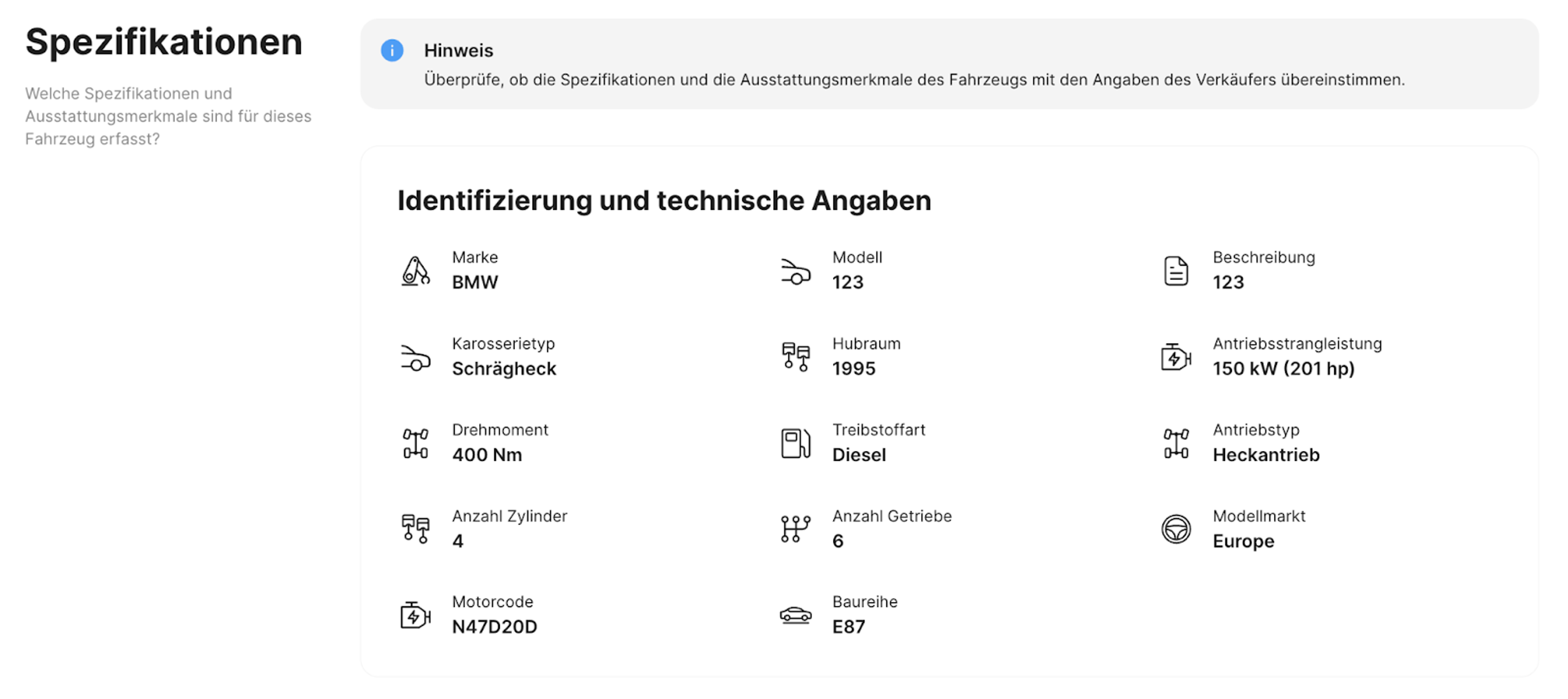 Original-Fahrzeugspezifikationen aufgeschlüsselt