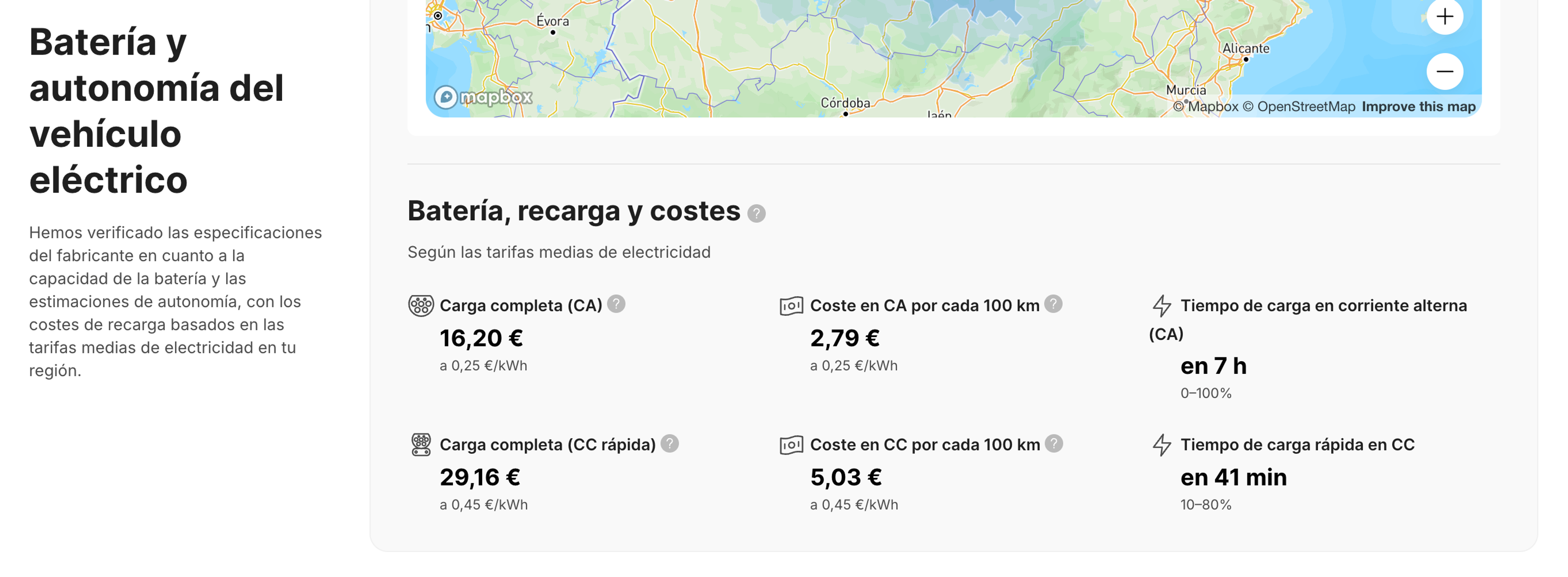 Estimaciones del tiempo y el coste de recarga de los vehículos eléctricos en el informe del vehículo.