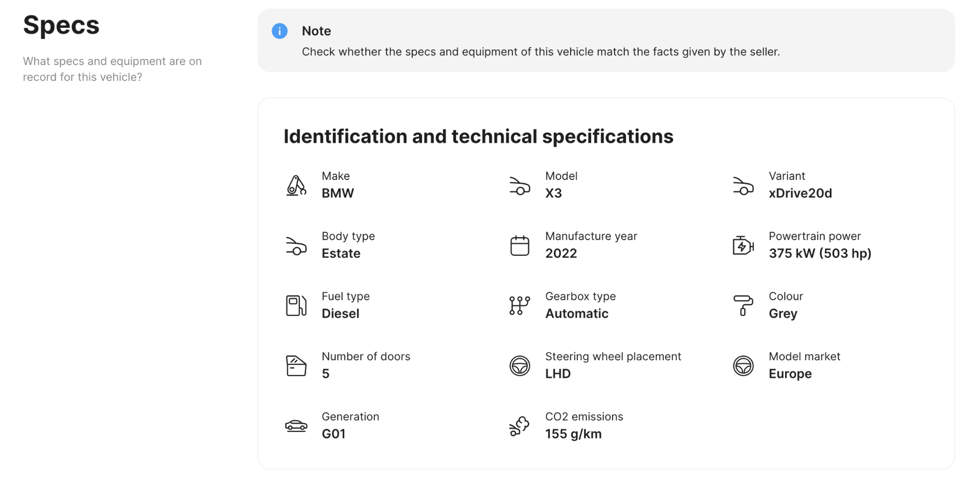 Specs and equipment section in carVertical report