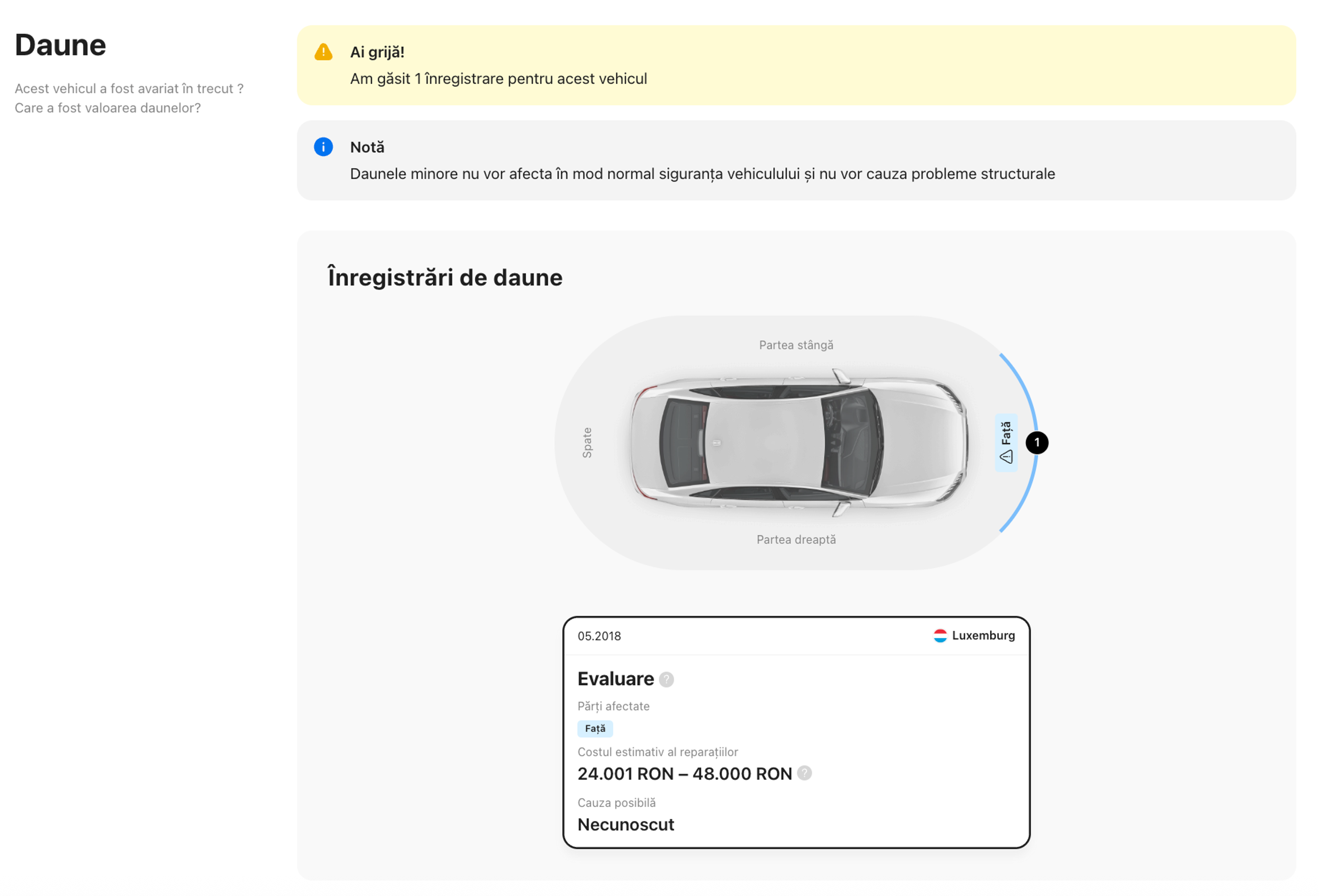 secțiunea de daune din raportul carVertical
