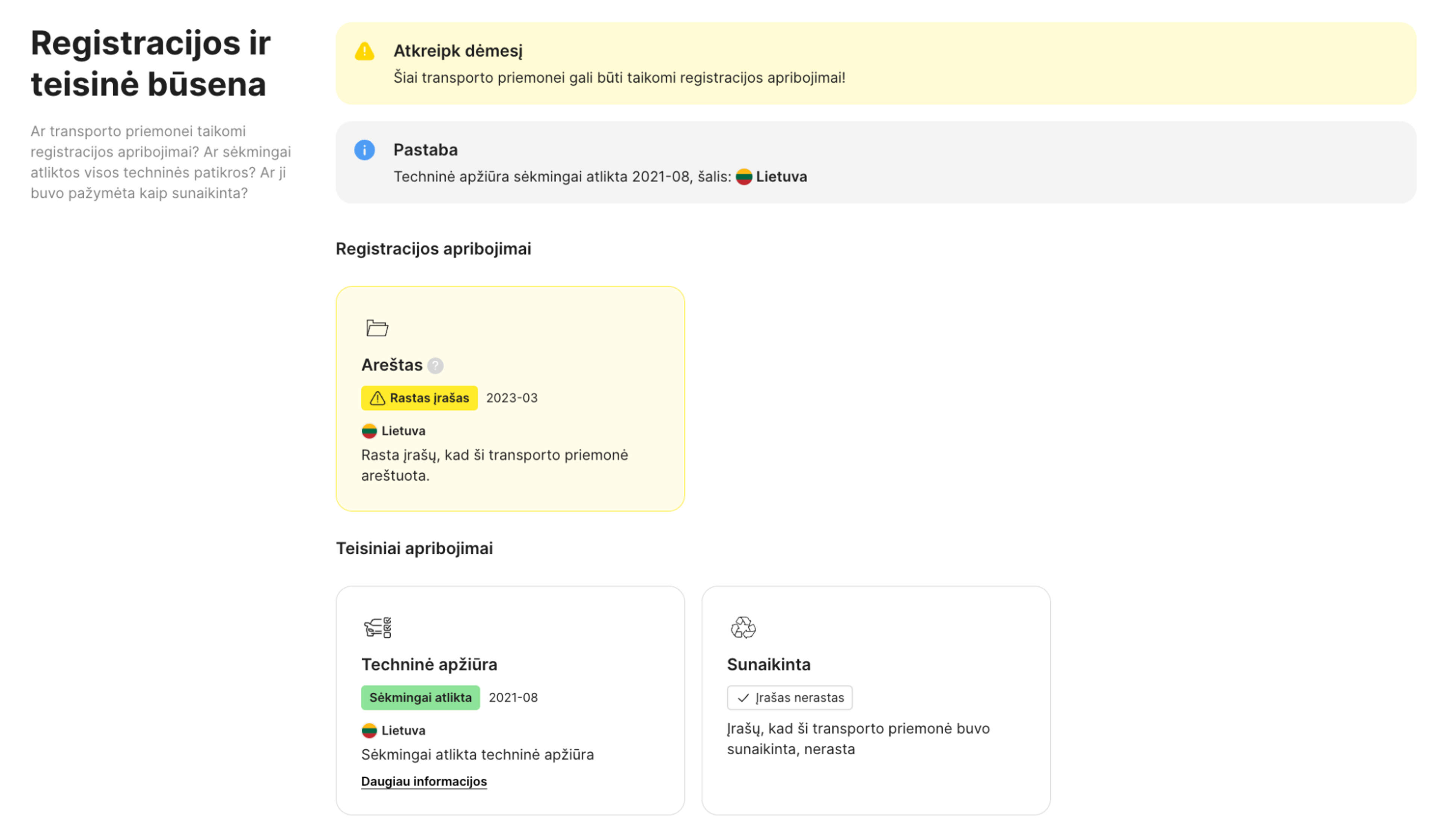 finansinio ir teisinio statuso funkcija carVertical ataskaitoje