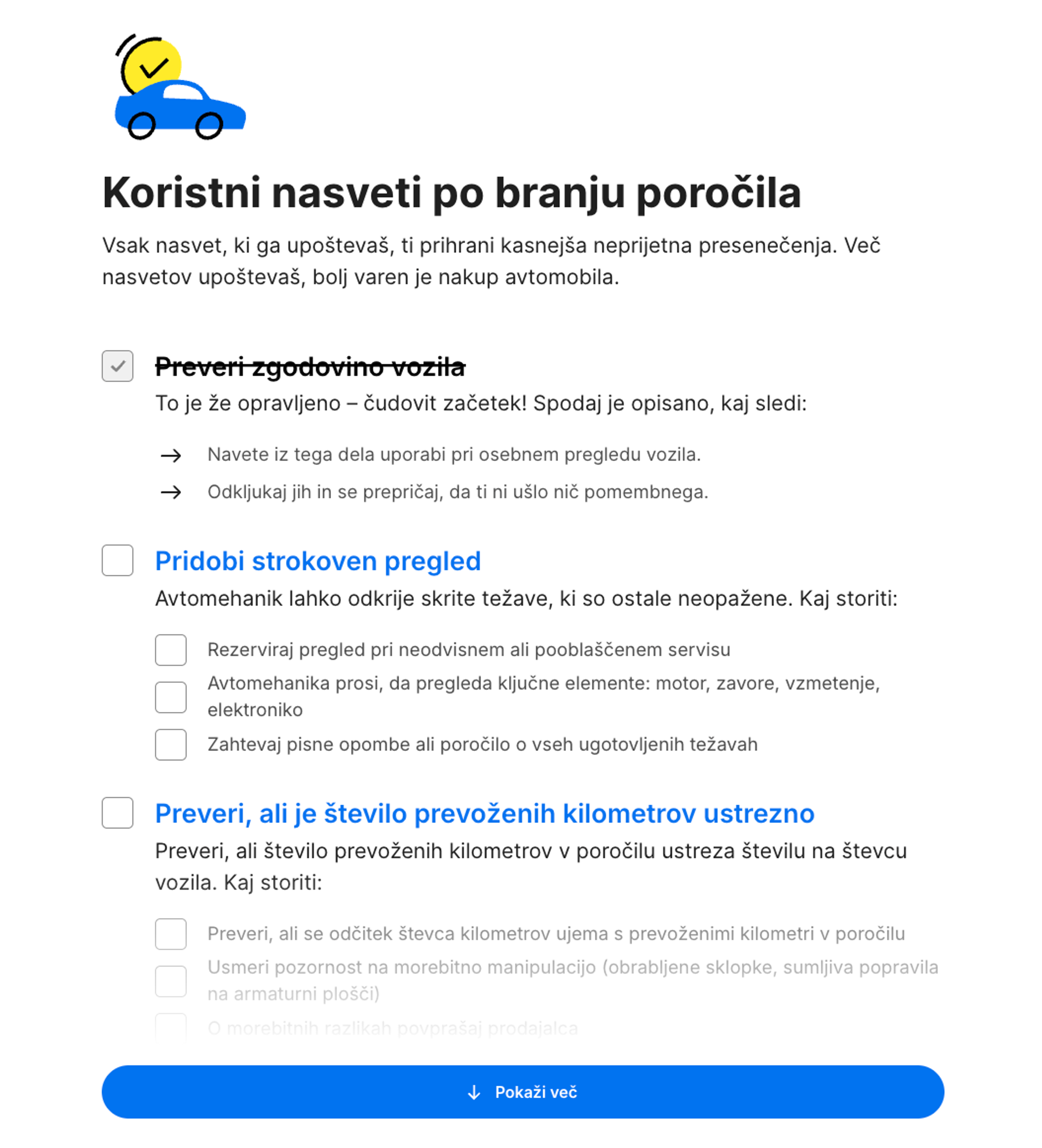 Kontrolni seznam »Kaj sledi?« v carVertical poročilu
