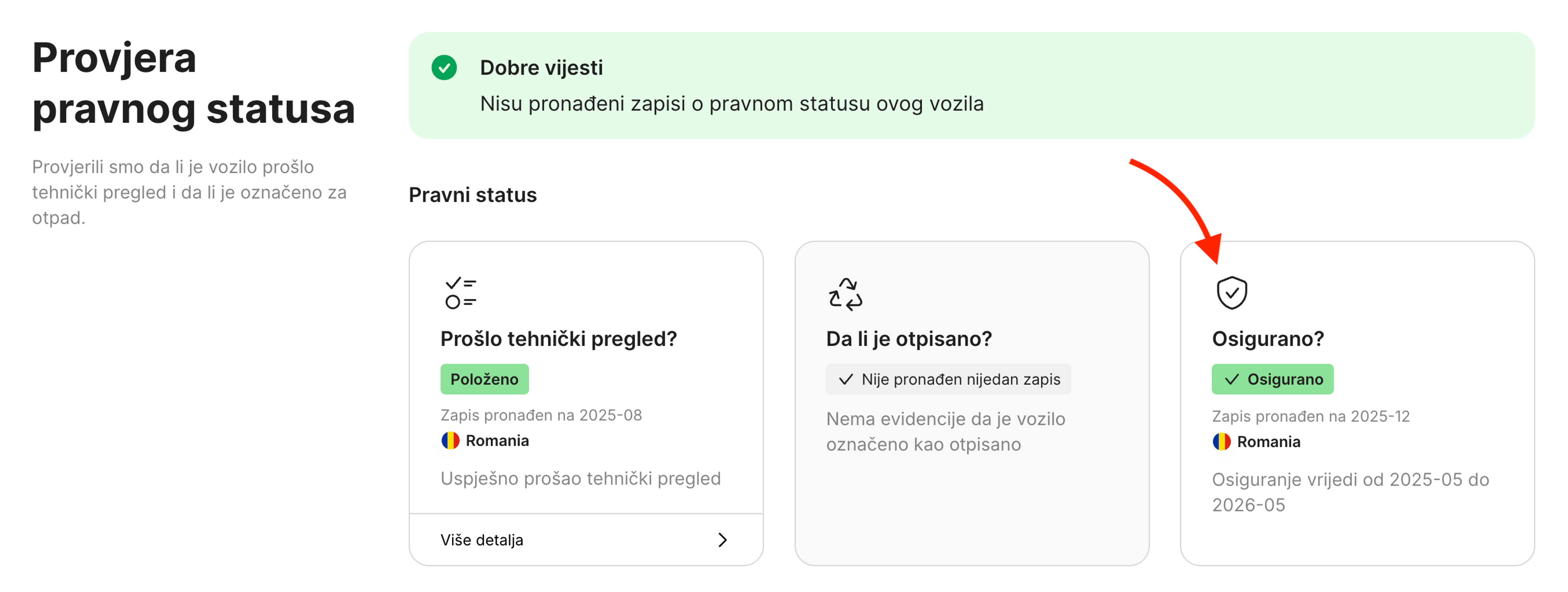 Kartica Osiguranje u sekciji Provjera pravnog statusa