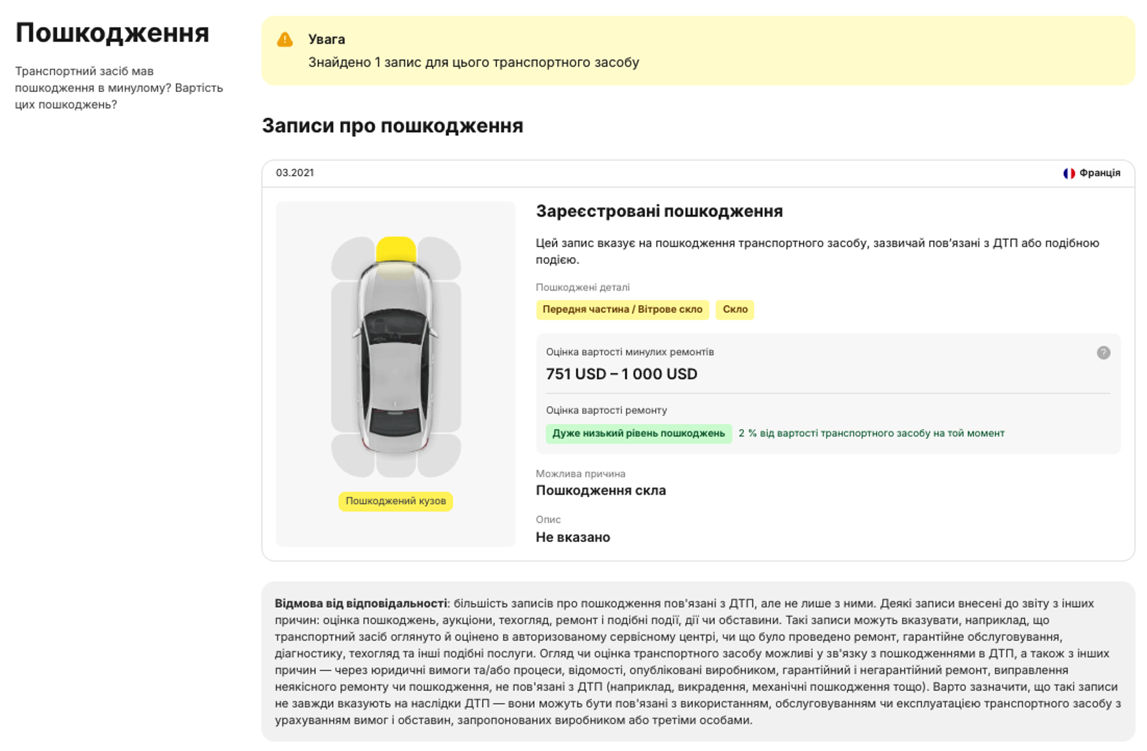 Розділ про пошкодження у звіті про історію автомобіля