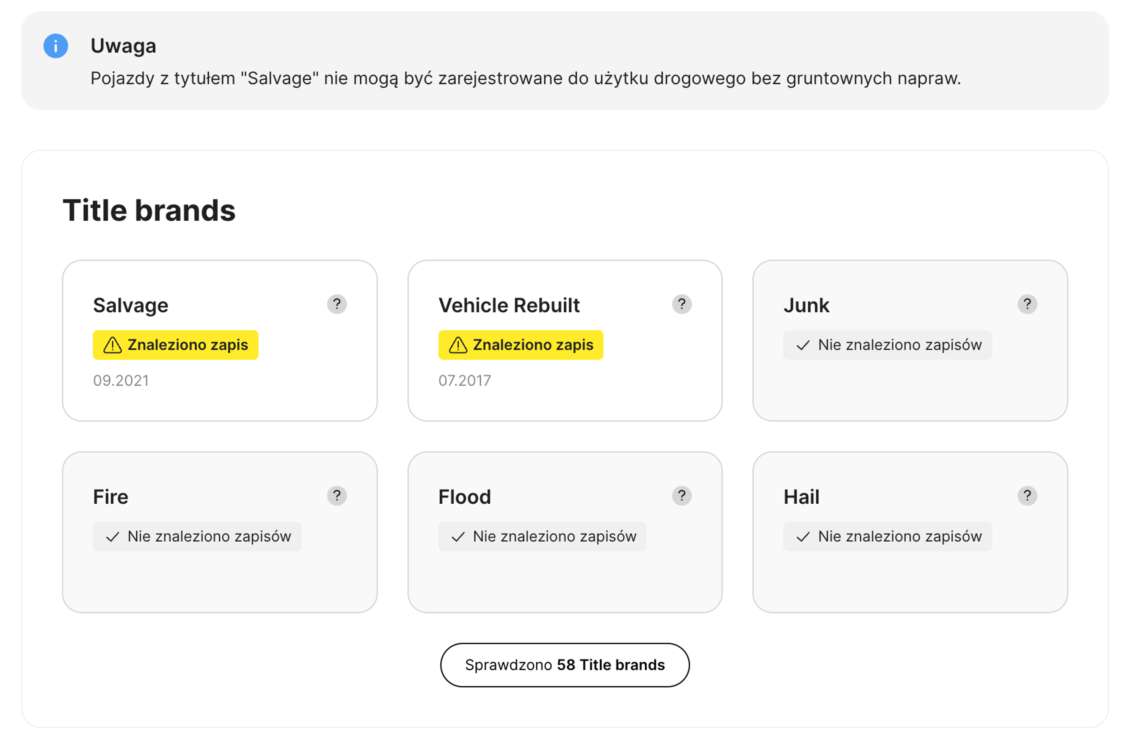Informacje o oznaczeniu tytułu Salvage i Rebuilt wykryte podczas sprawdzania tytułu pojazdu