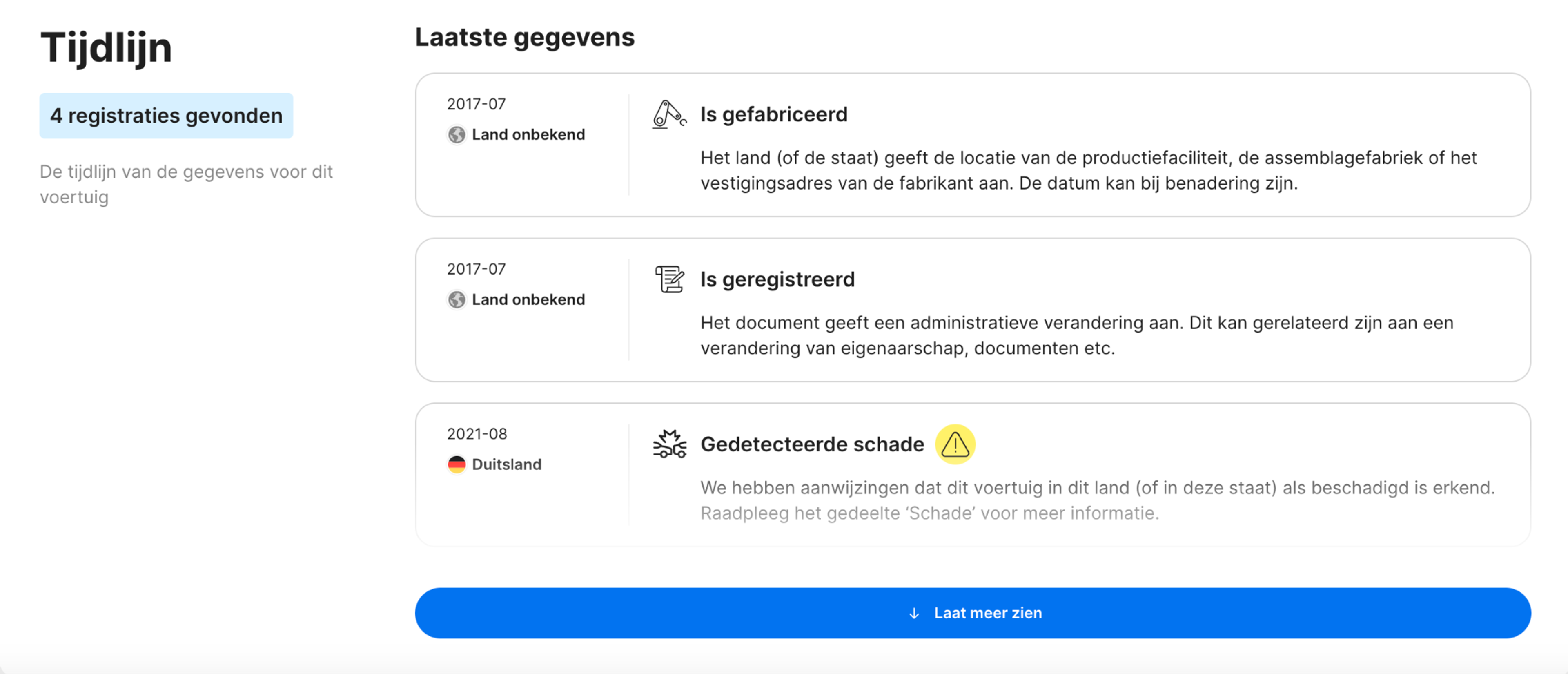 tijdlijnsectie in een carVertical-rapport