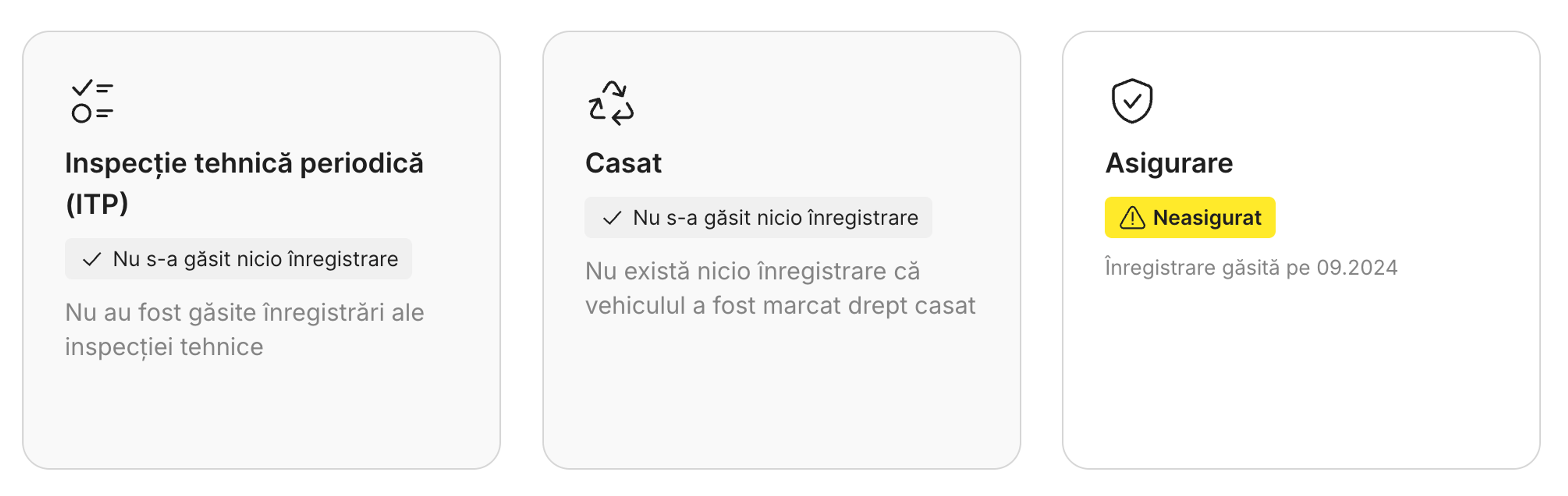 Avertisment în raportul carVertical privind lipsa înregistrării poliței actuale de asigurare