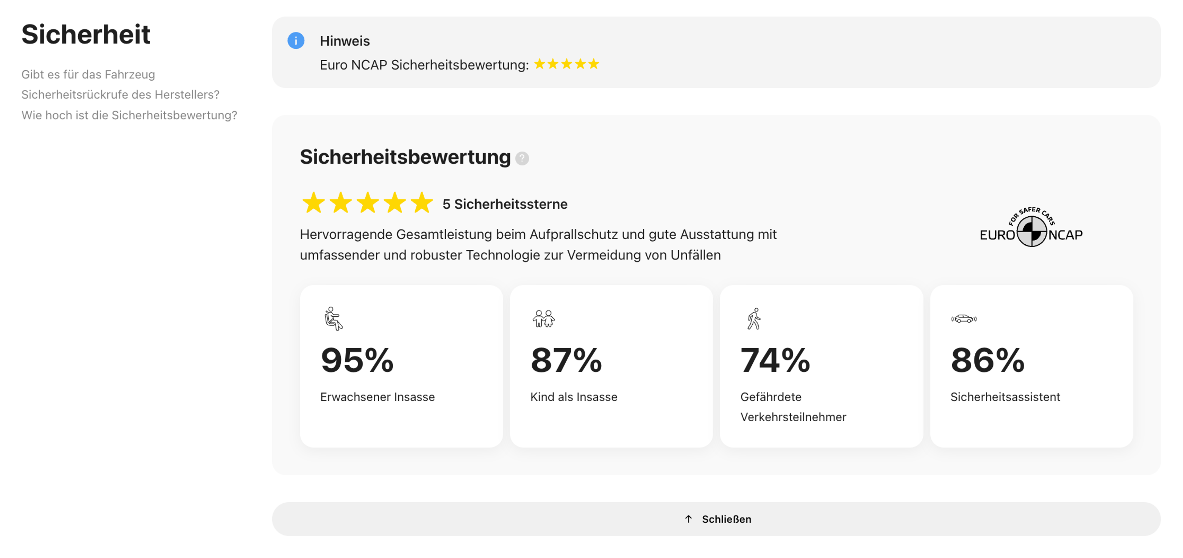 Sicherheitsabschnitt im carVertical-Fahrzeughistorienbericht