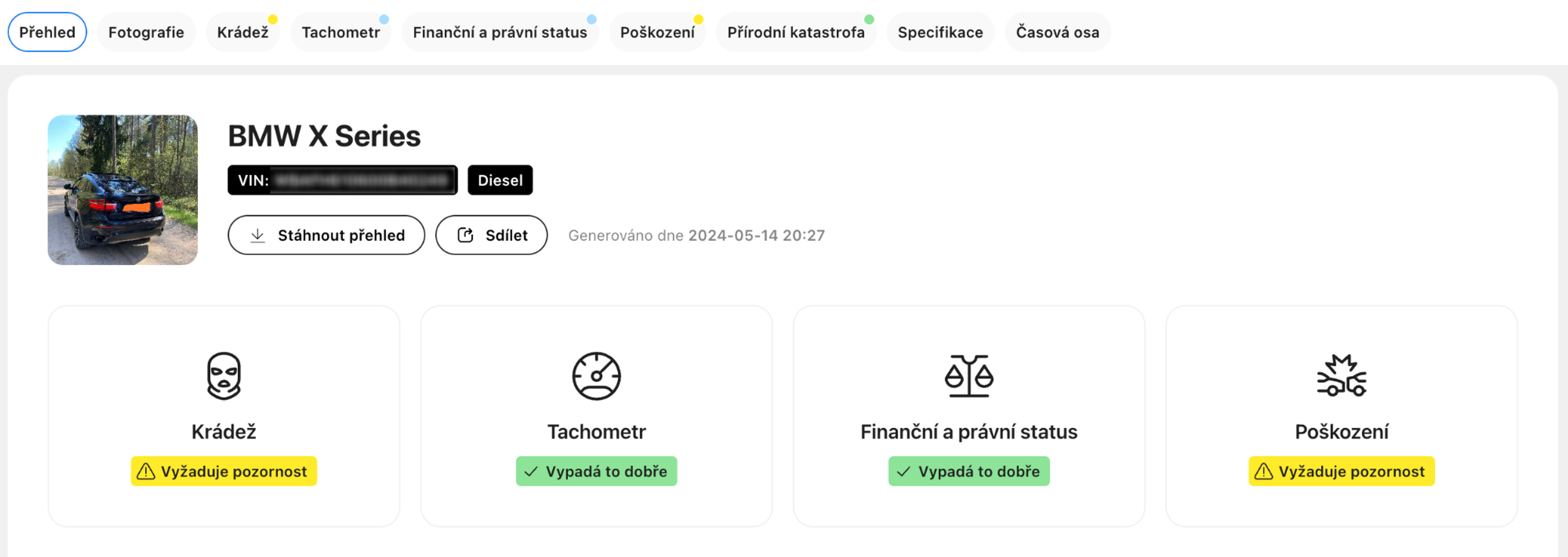 zpráva o historii vozidla, zjištěná krádež, zjištěná škoda