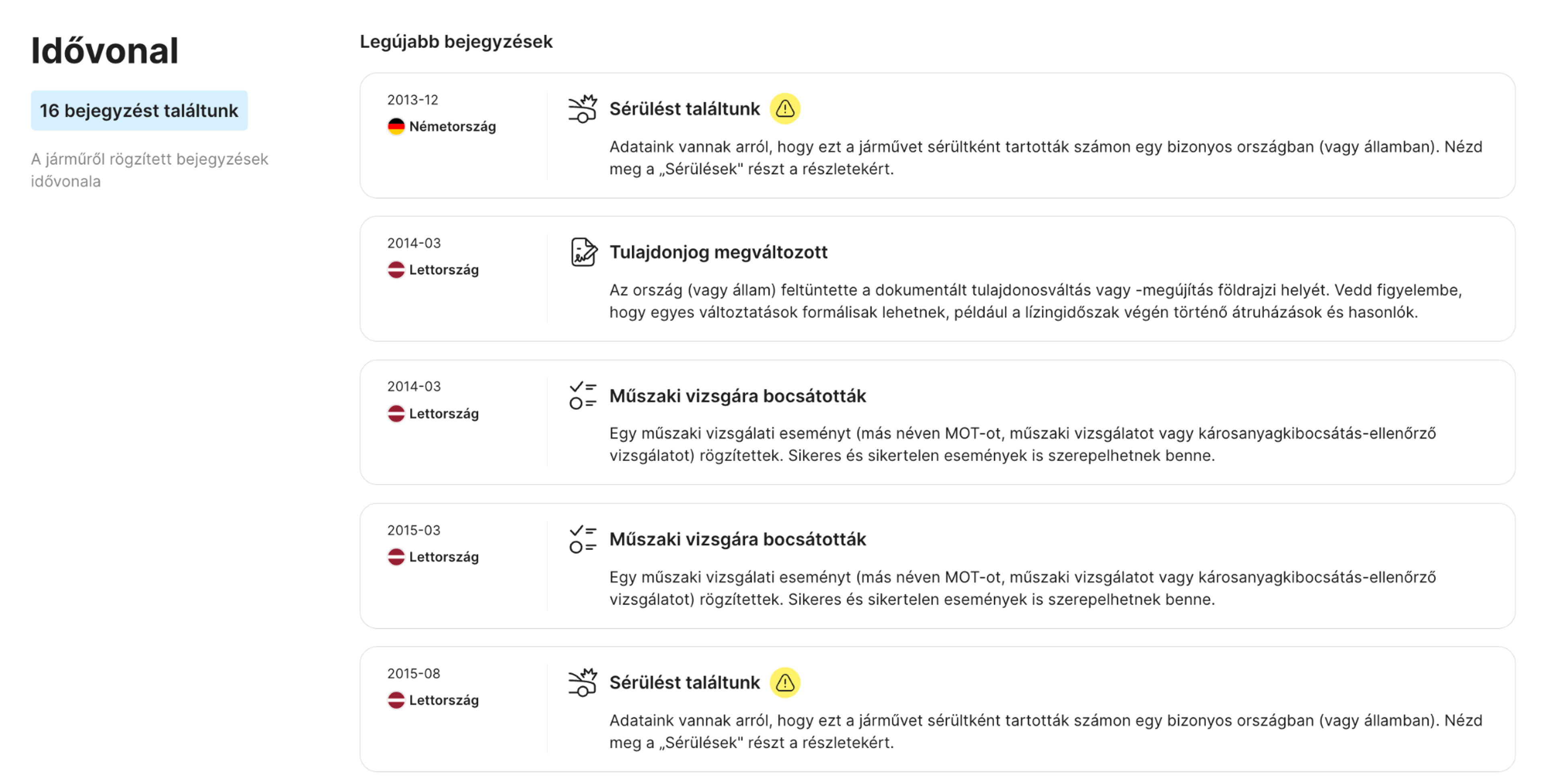 idővonal szakaszt a carVertical jelentésben
