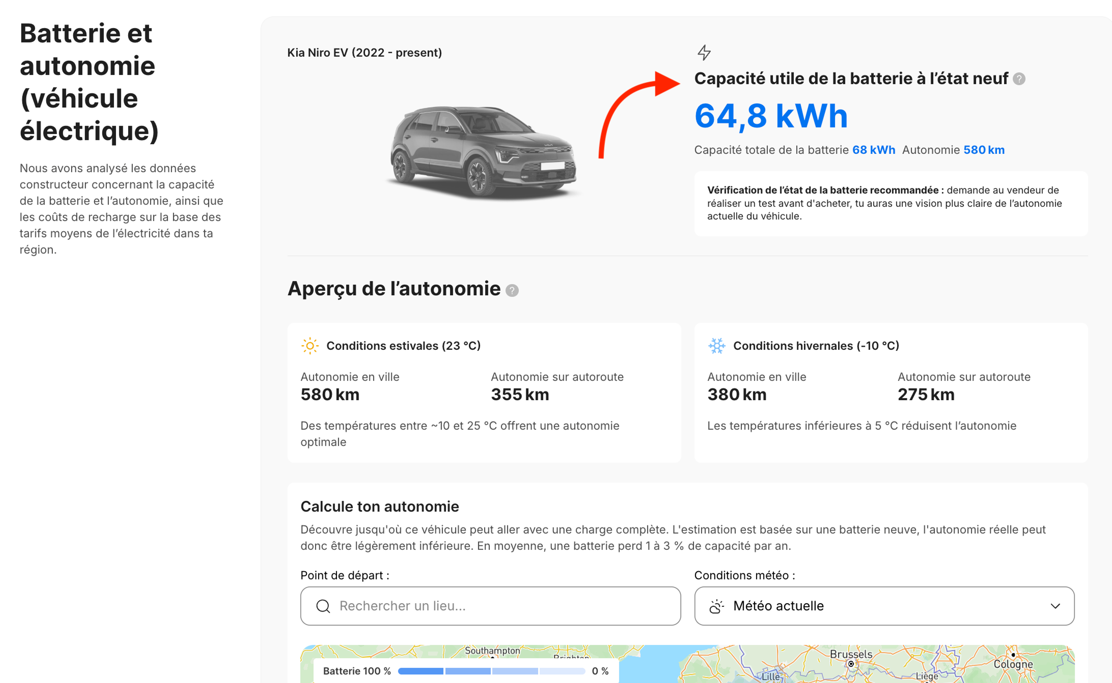 Capacité de la batterie et autonomie estimée affichées dans la section Batterie et autonomie des VE du rapport