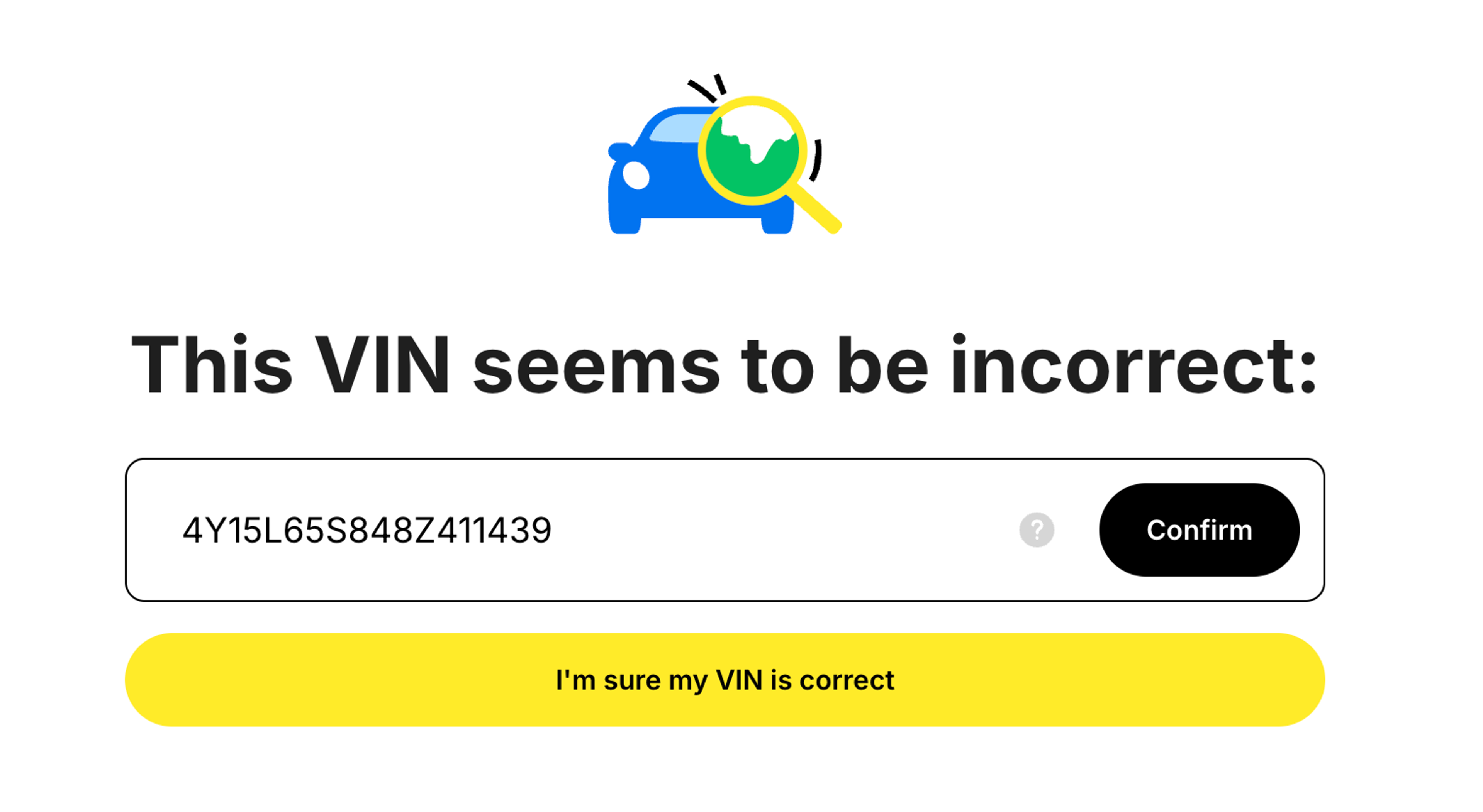 incorrect vin message
