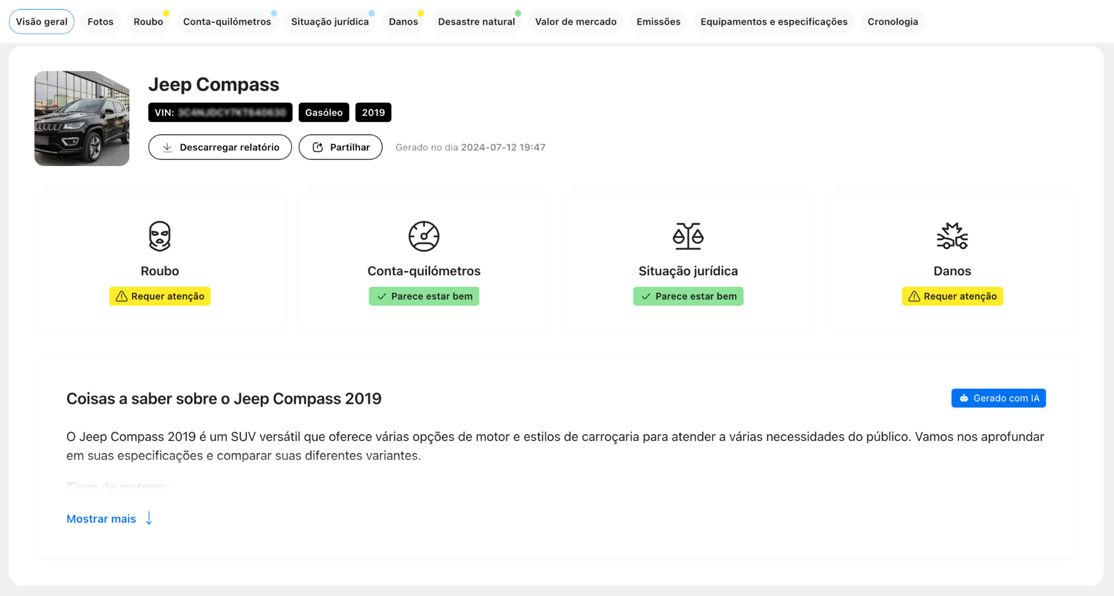 relatório de histórico do veículo, roubo detetado, danos detetados