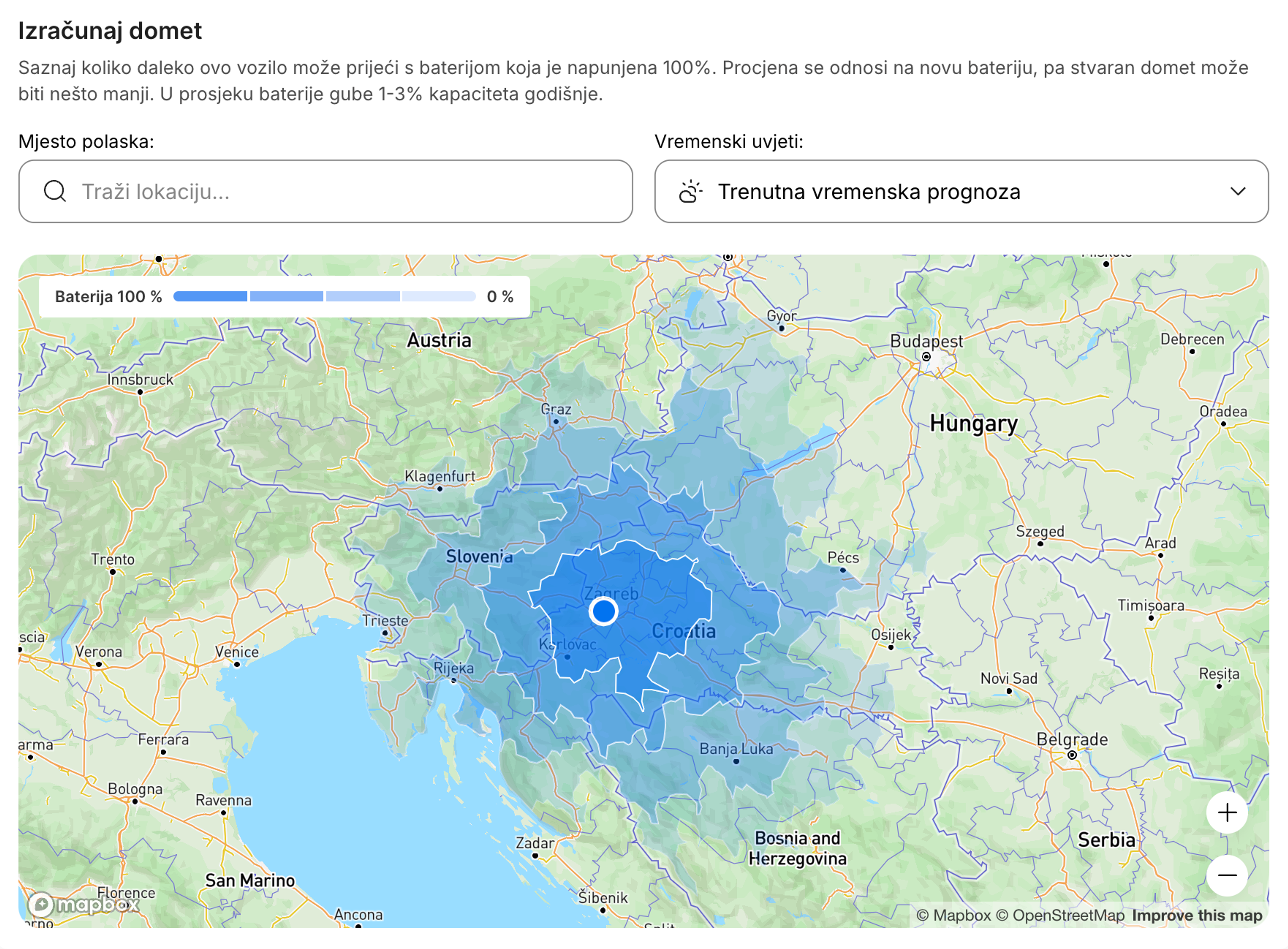 Interaktivna karta dometa električnog vozila koja prikazuje procijenjenu udaljenost vožnje.