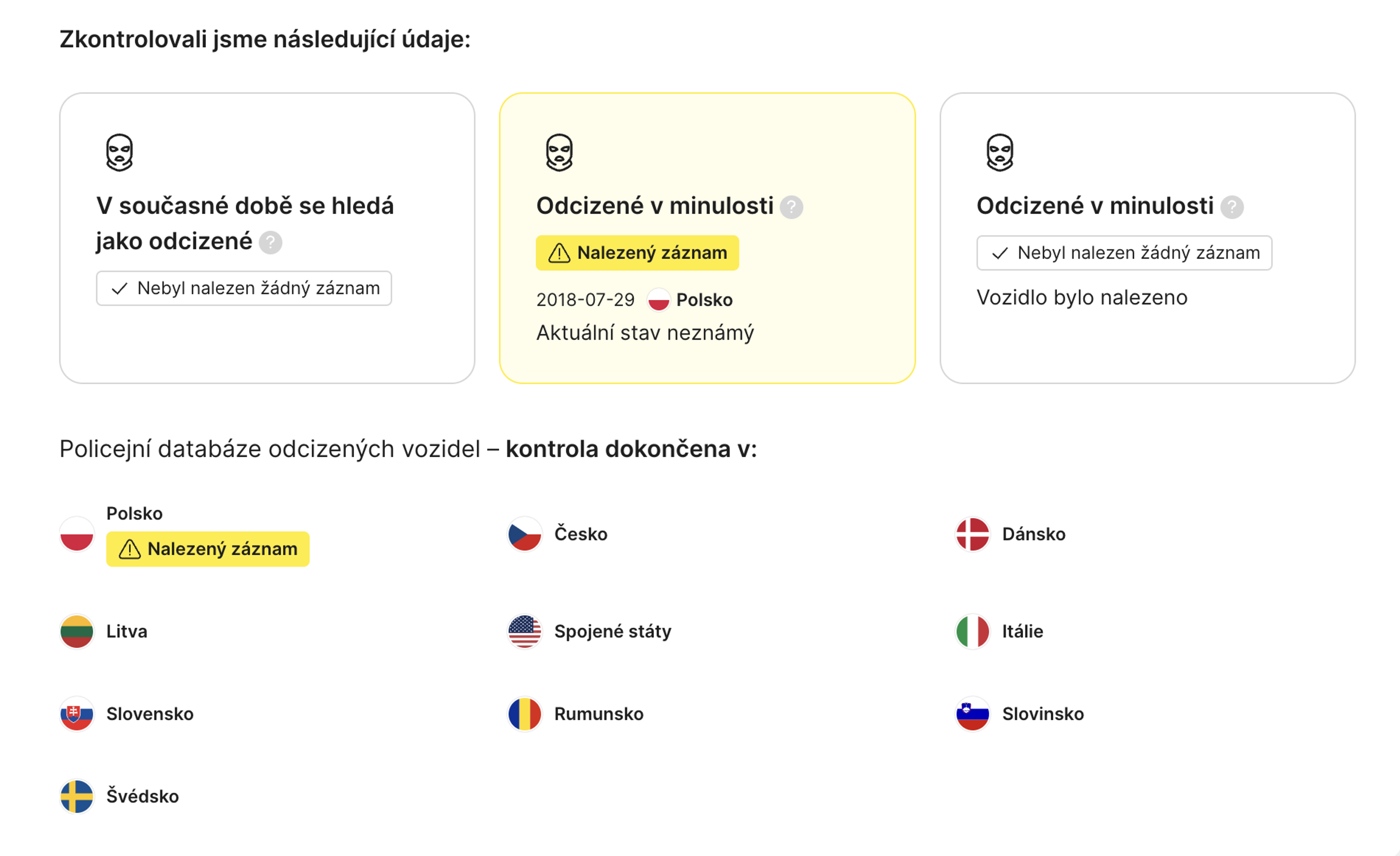 země zkontrolované na údaje o krádežích