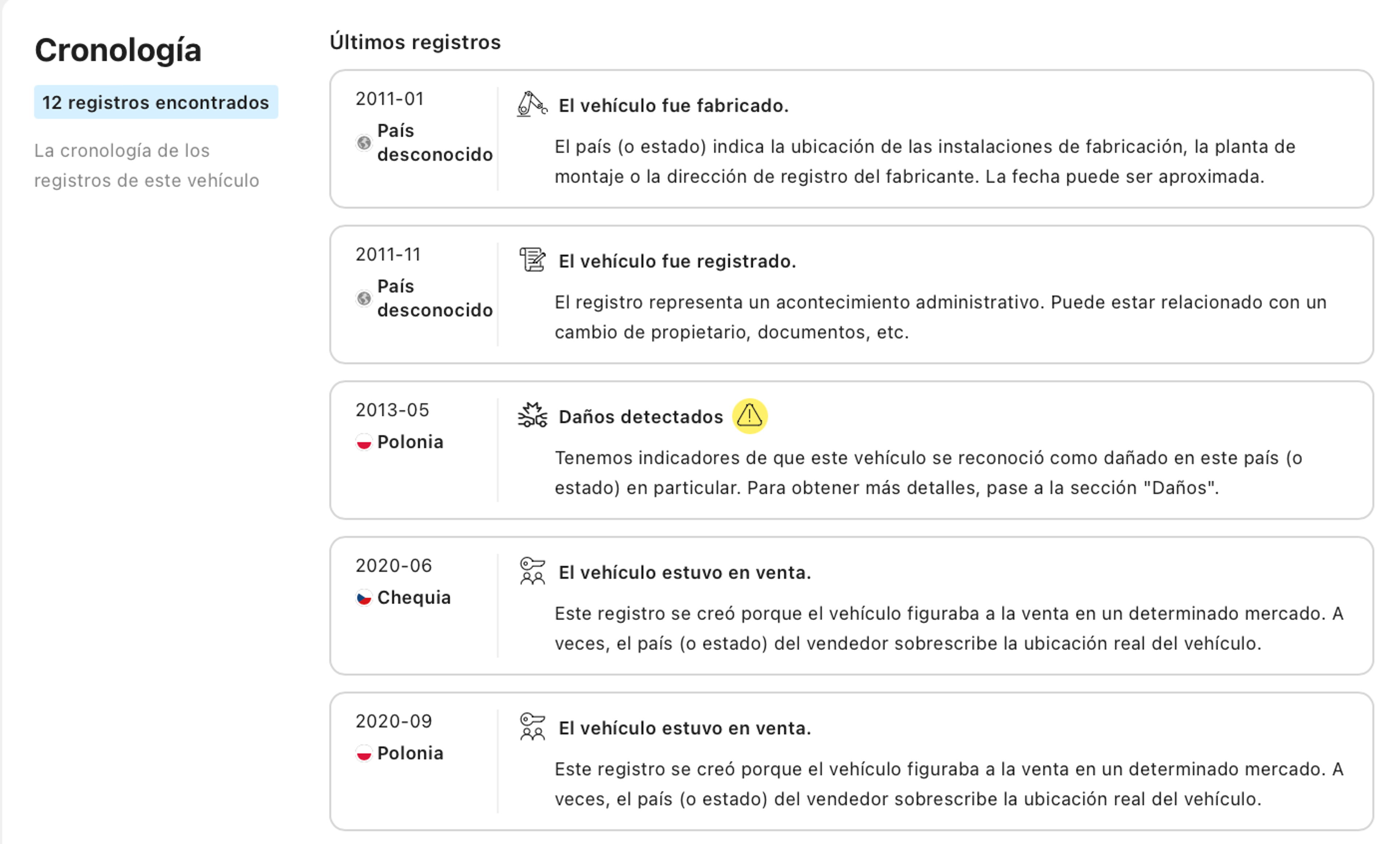 Cronología de registros en un reporte de historial vehicular