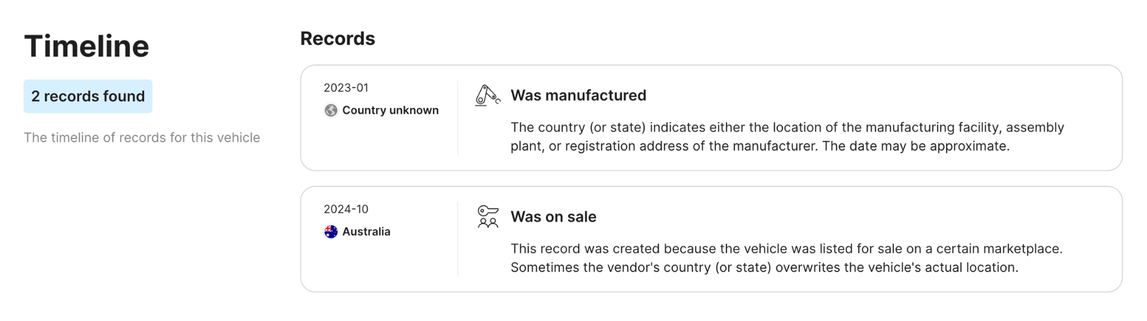 timeline section in a carVertical report
