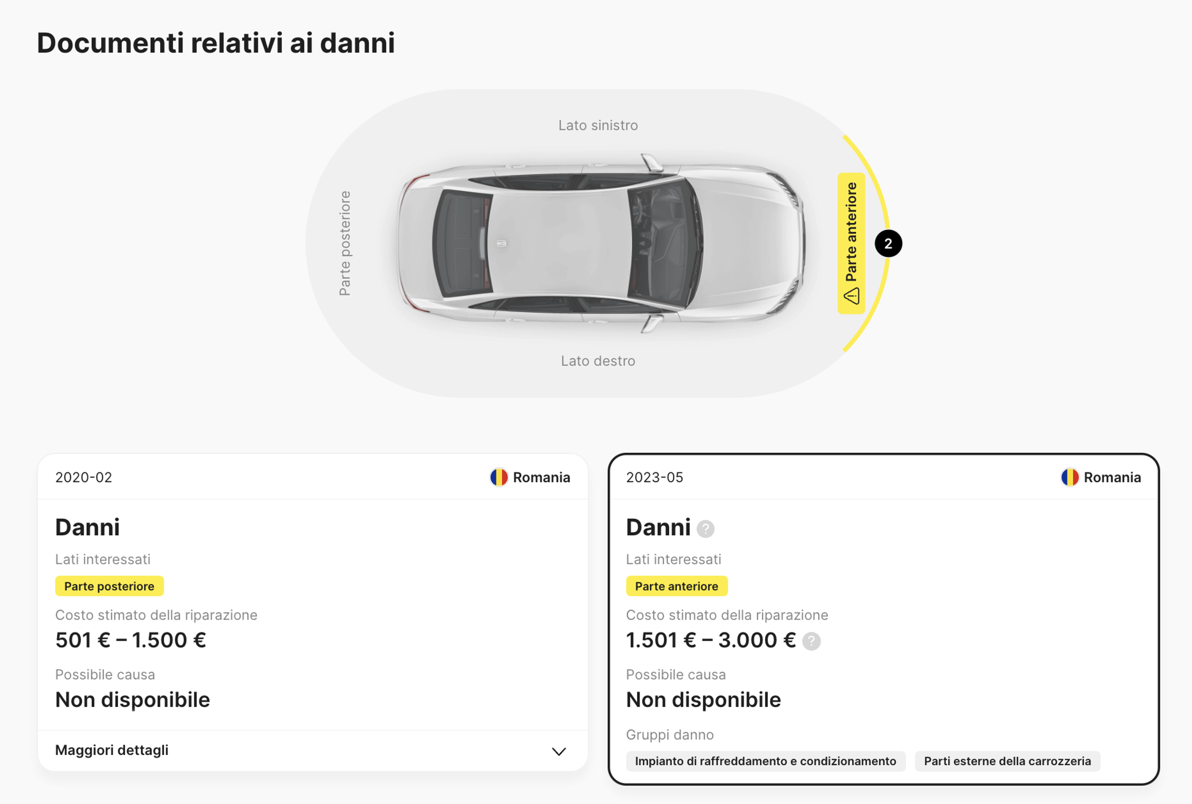 Registri dei danni che indicano due incidenti