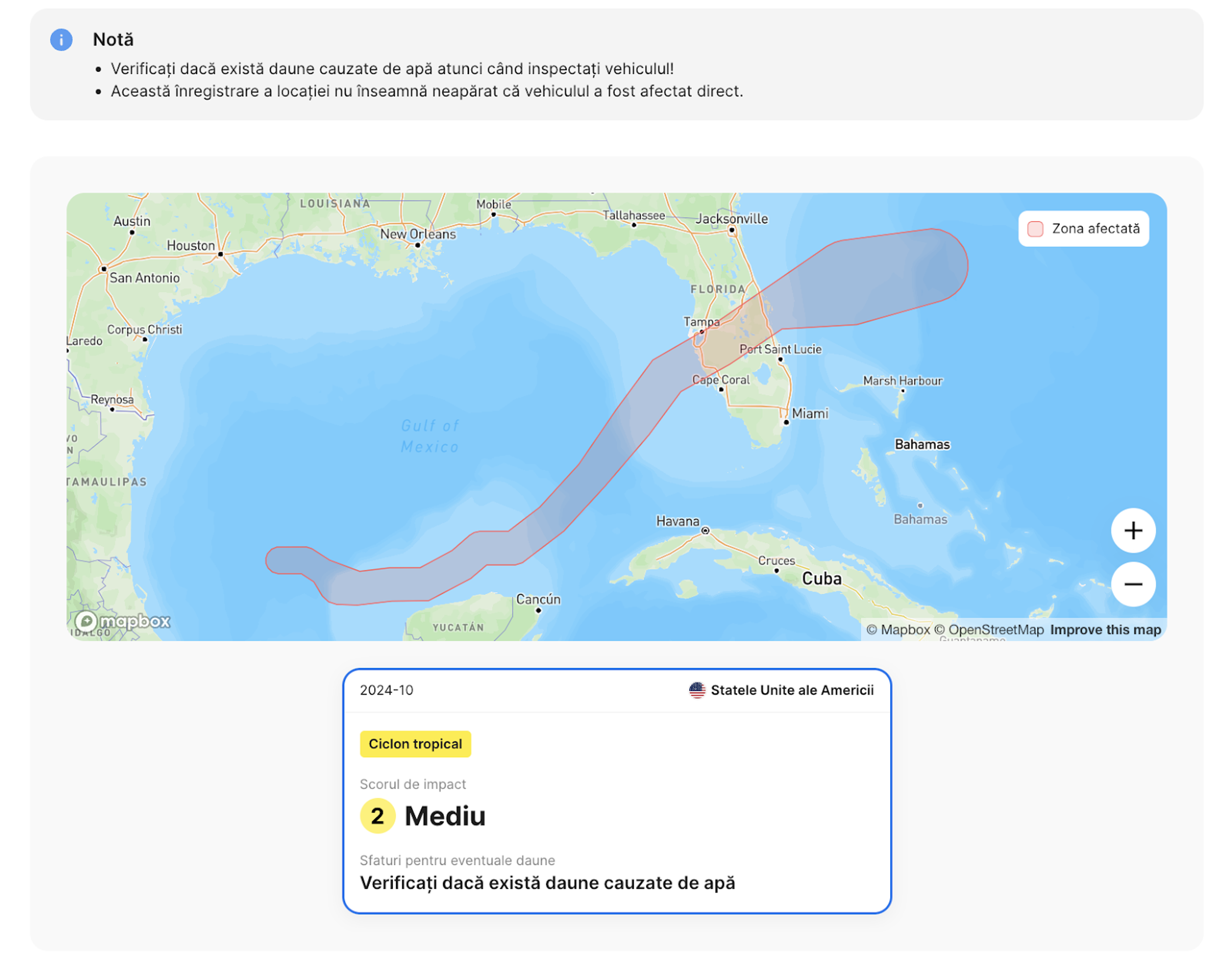 Înregistrare de inundație într-un raport istoric carVertical