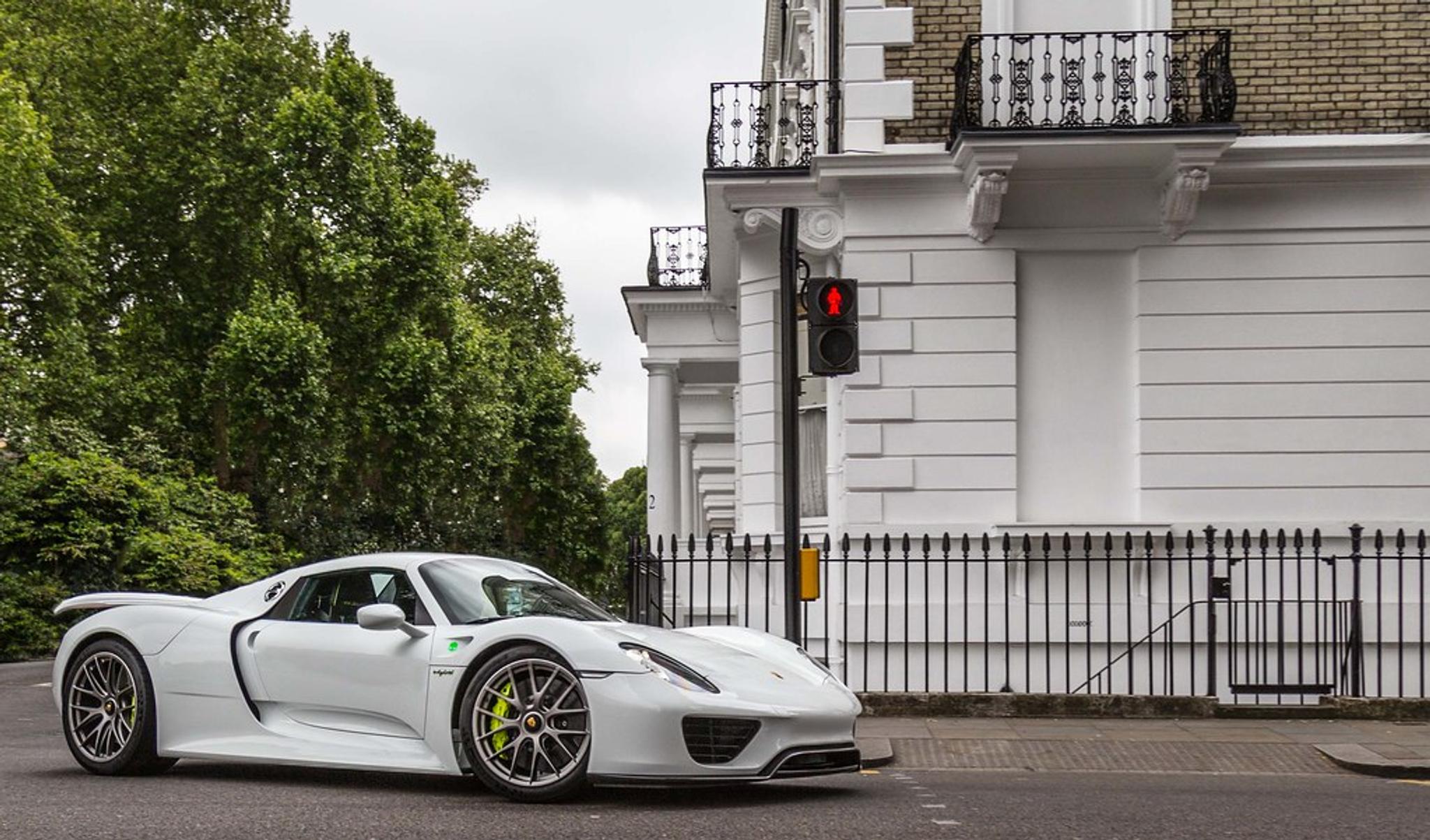 White Porsche 918 in the city