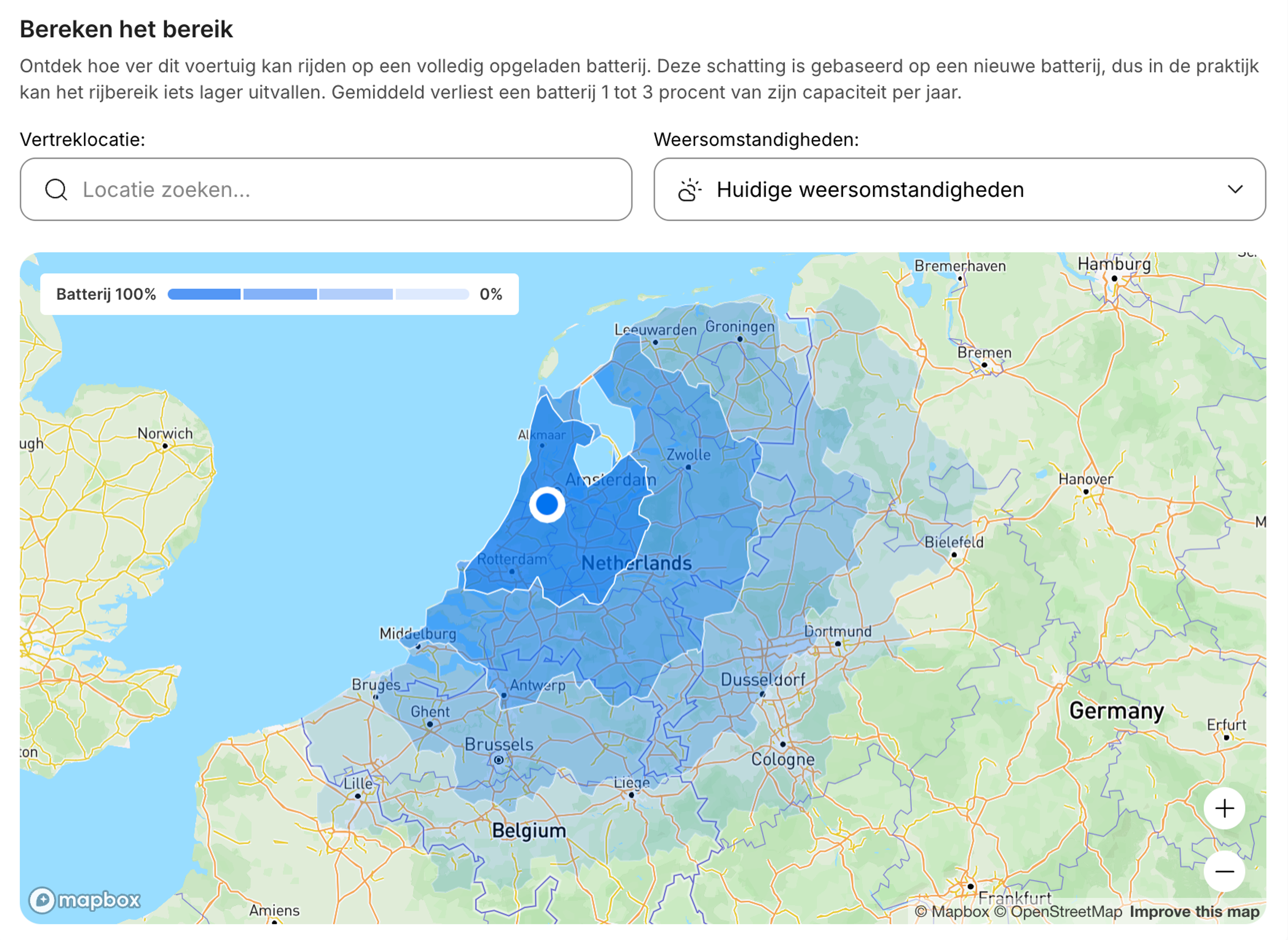 Interactieve kaart van het elektrische bereik met de geschatte rijafstand