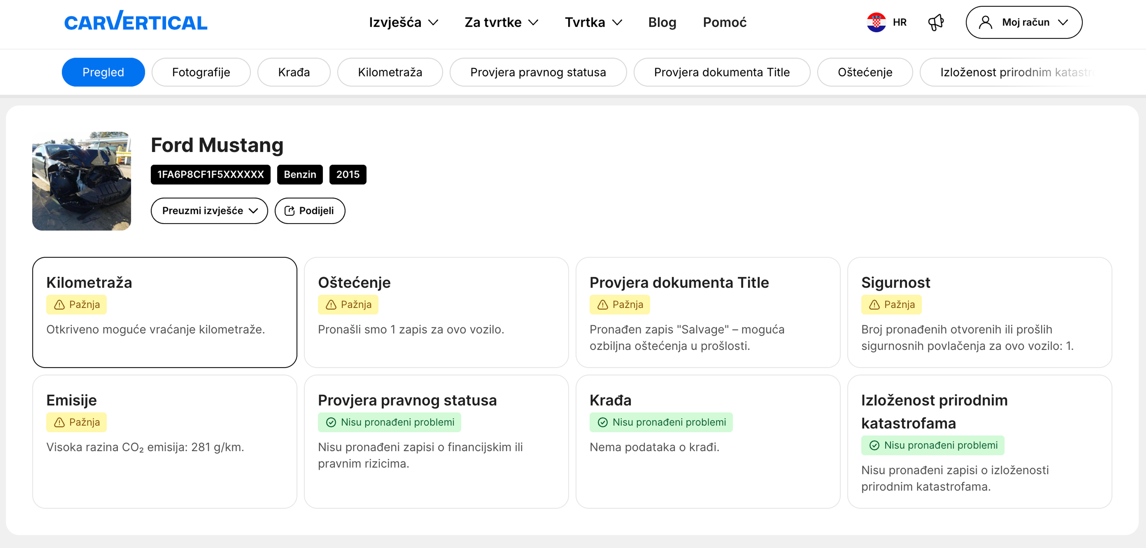 carVertical izvješće za Ford Mustang