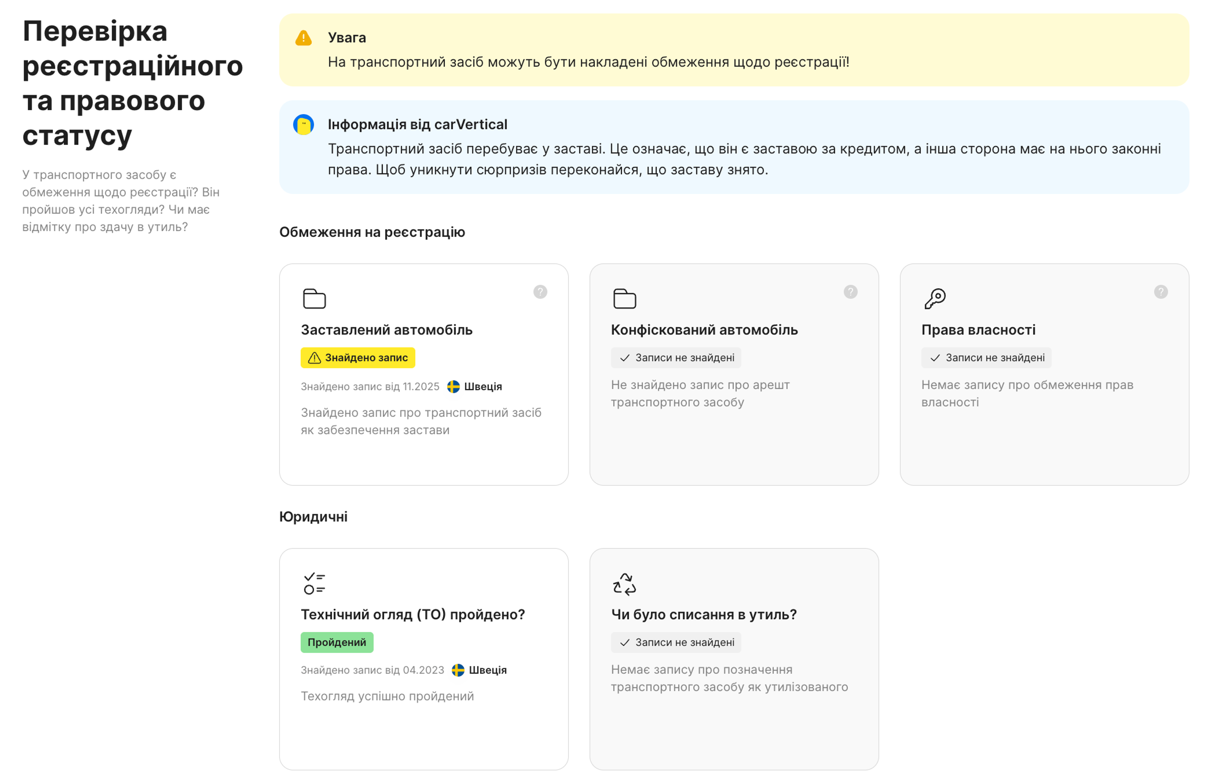 Функція статусу реєстрації та правового статусу у звіті carVertical