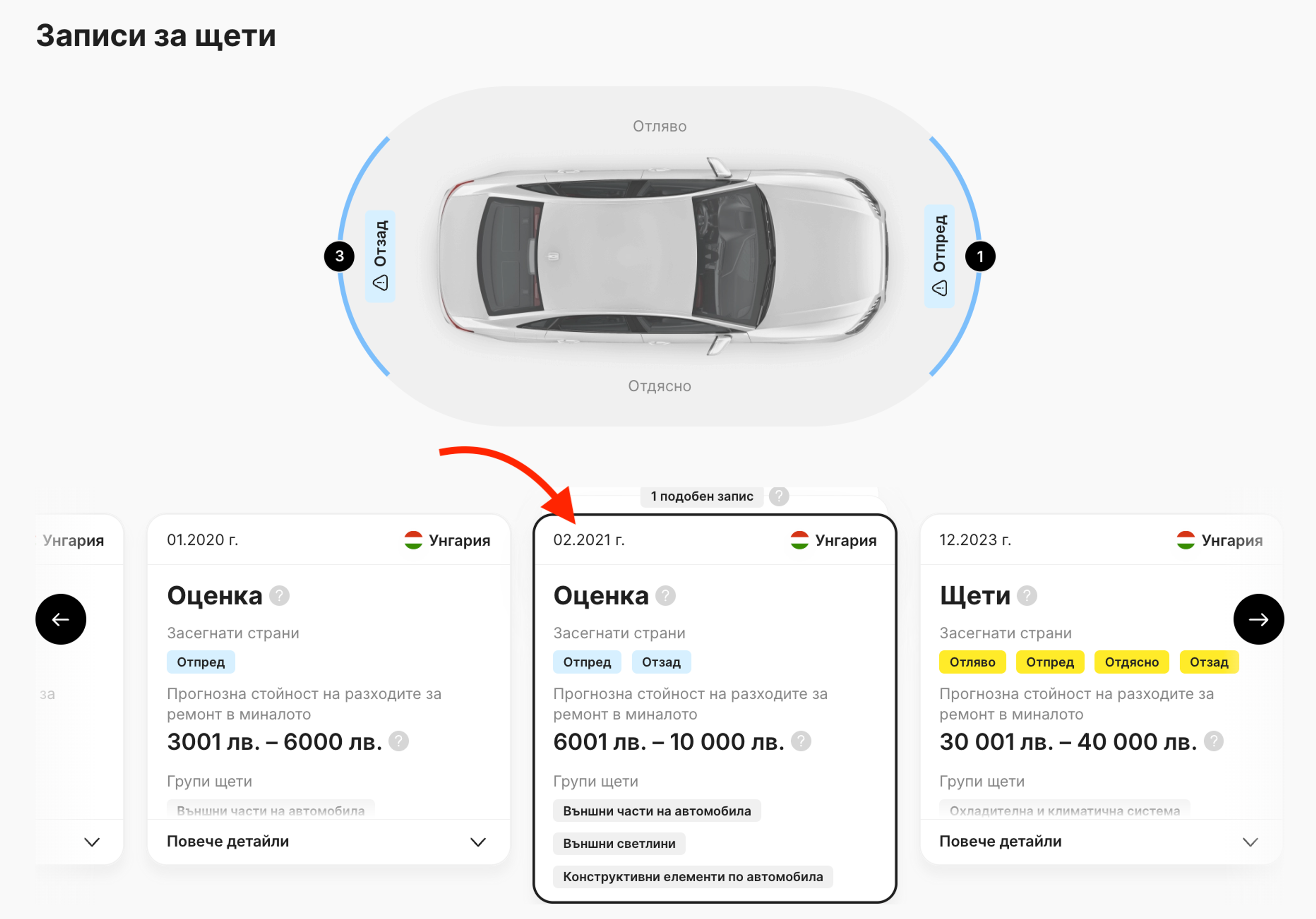 Карти за „Щети“ и „Оценка“ в доклада от carVertical