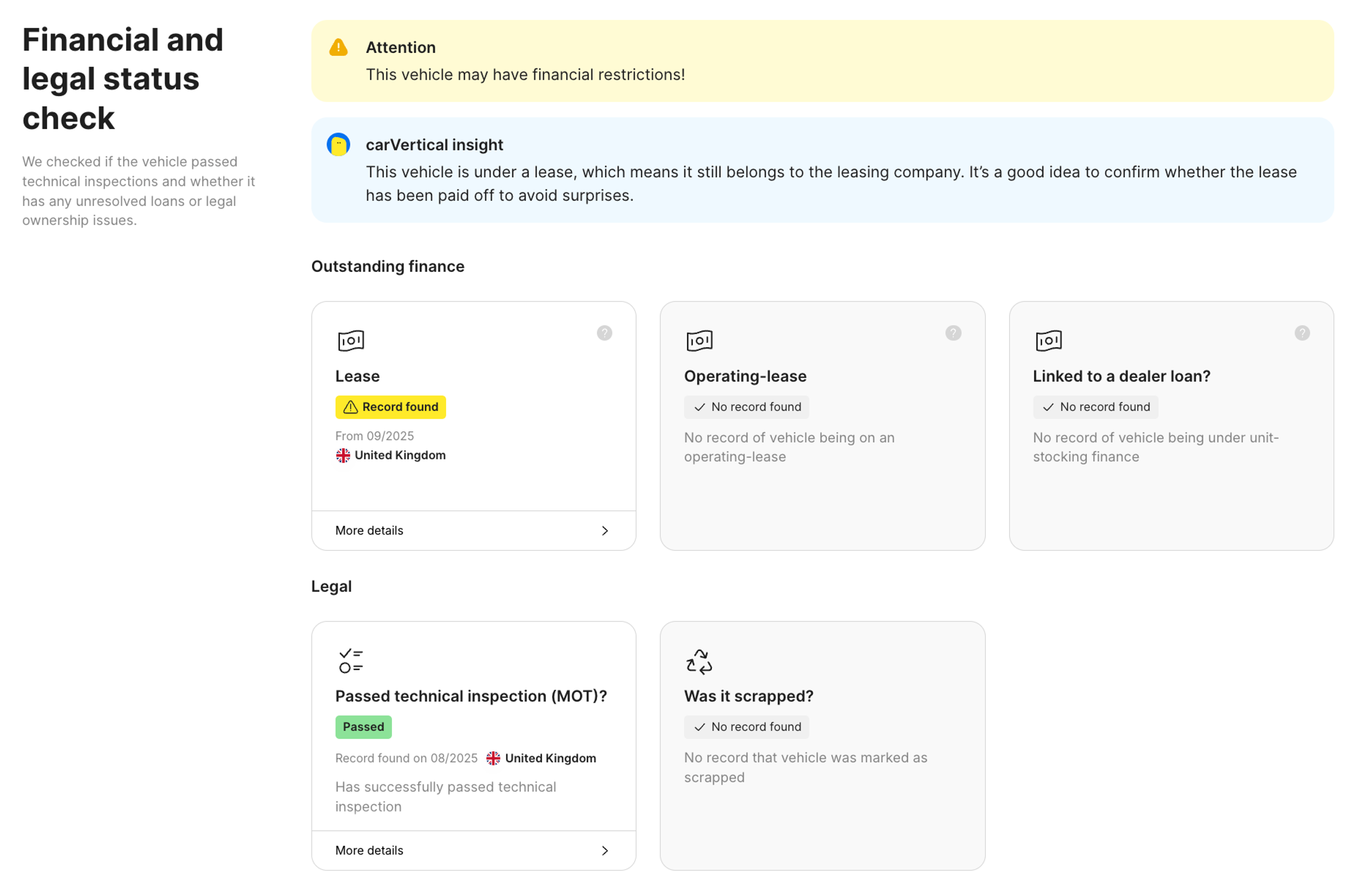 financial and legal status feature in carVertical report