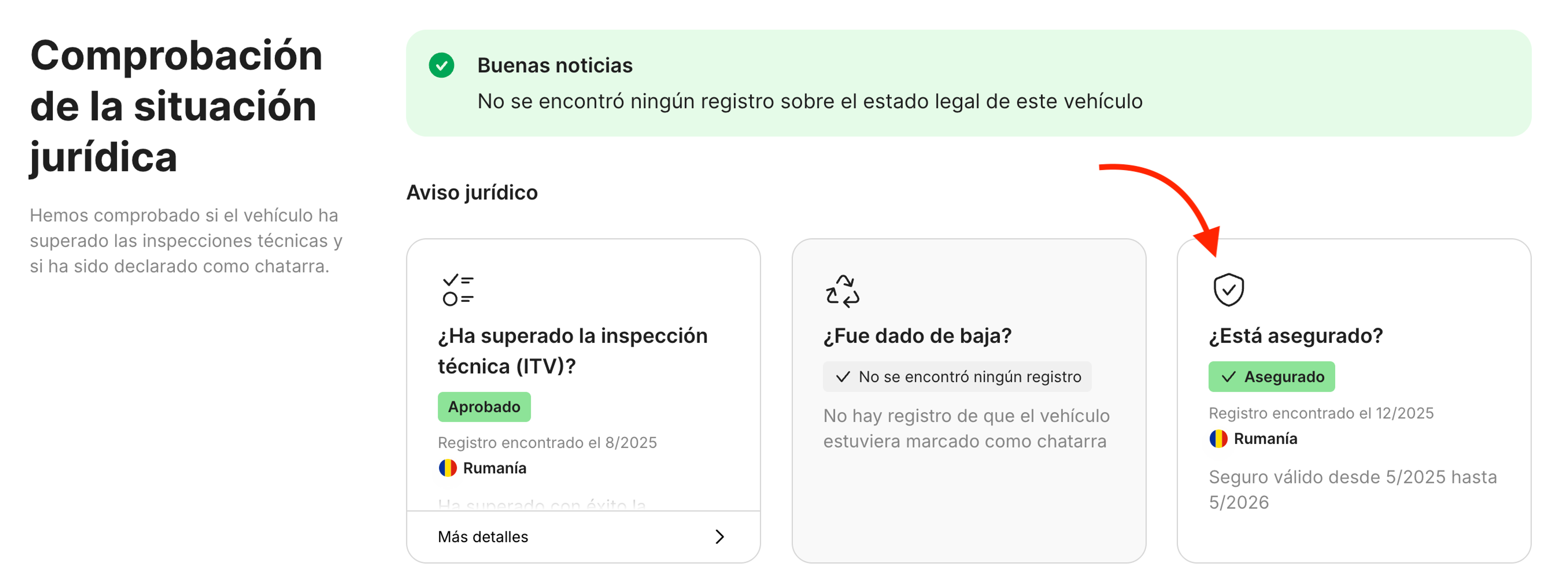 Tarjeta del Seguro en la sección Comprobación de la situación jurídica