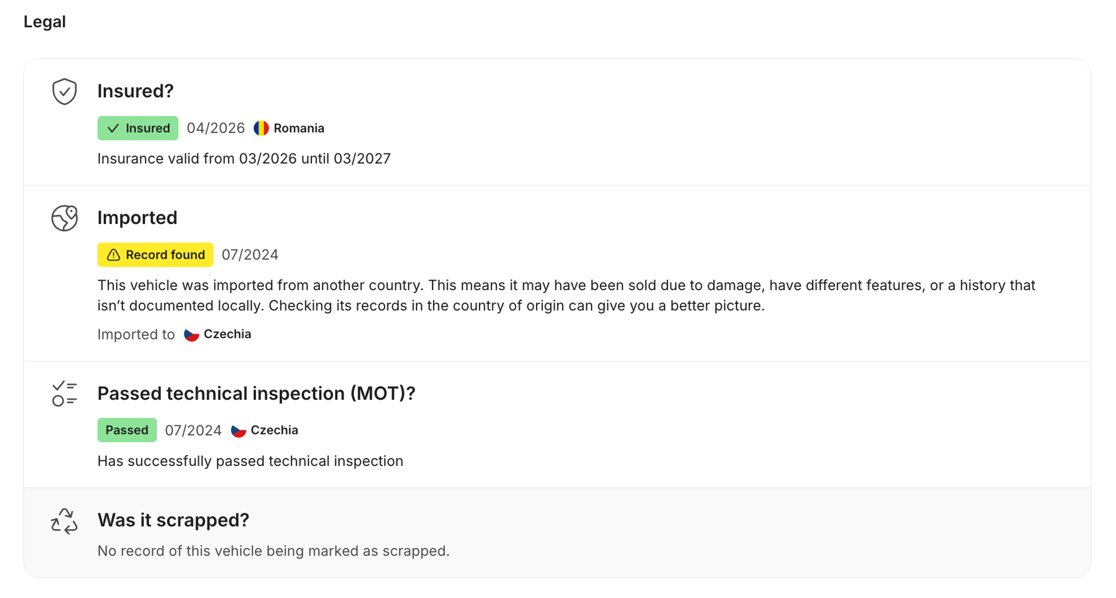 legal status feature in carVertical report