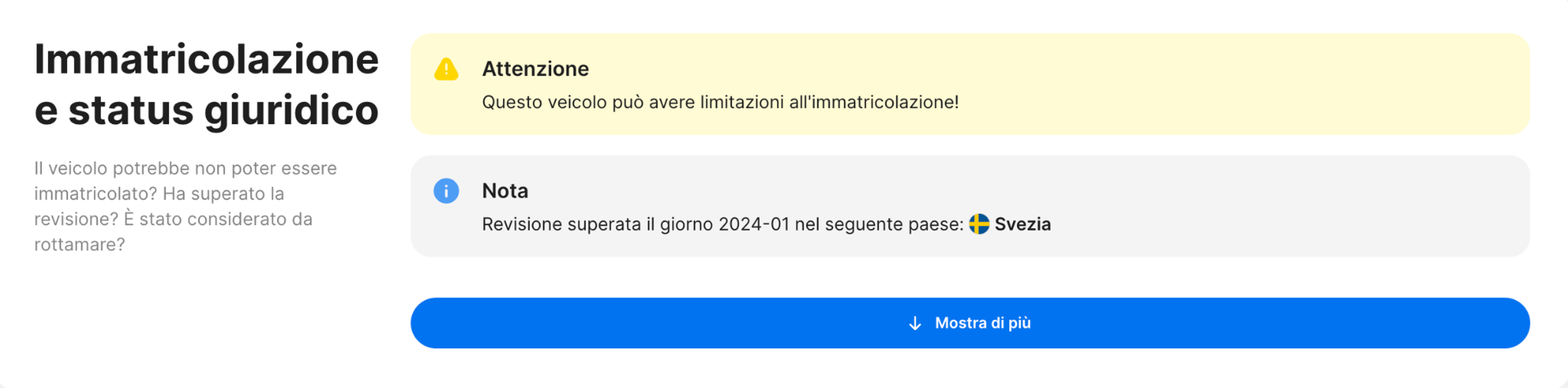 sezione registrazione e stato legale nel report carVertical
