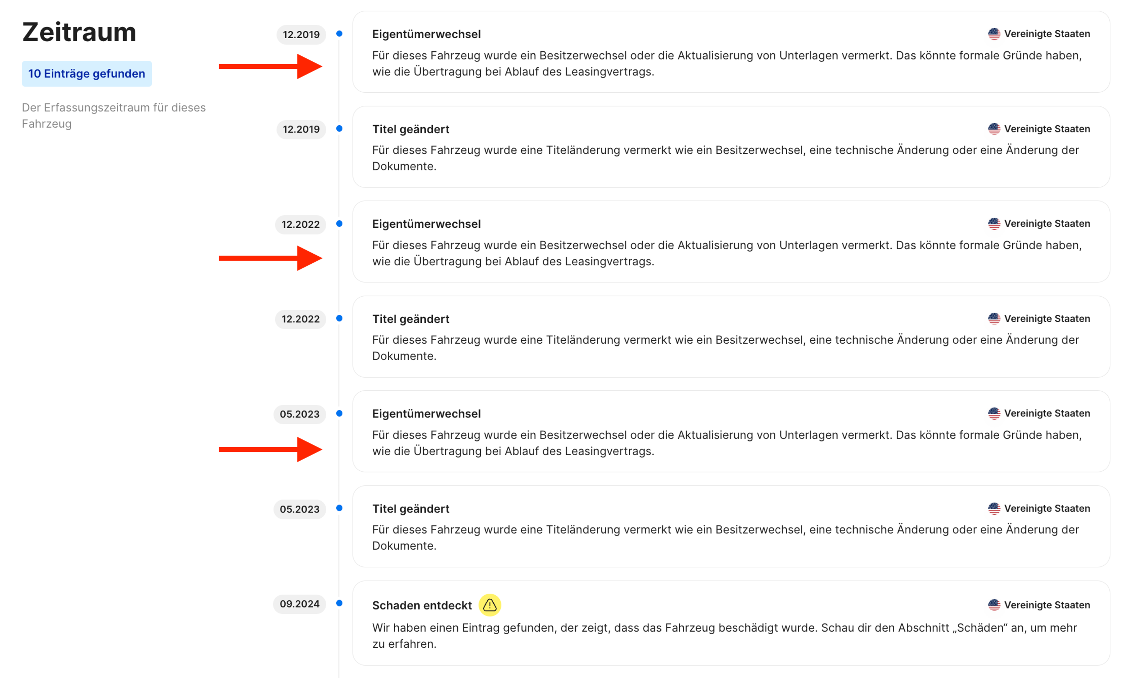 Mehrere dokumentierte Eigentümerwechsel im carVertical-Bericht